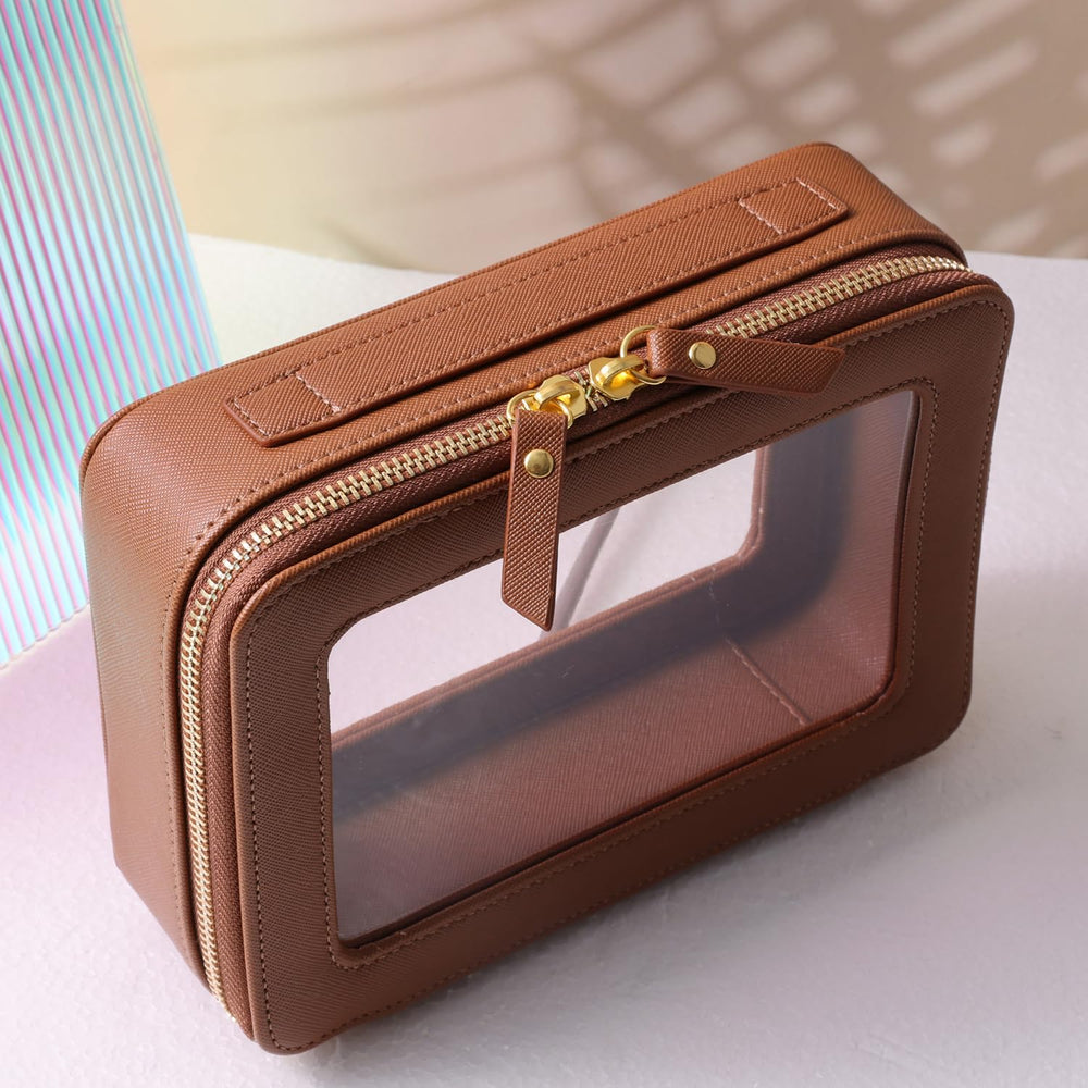 SANHECUN waterproof cosmetic organizer in brown with handle for travel convenience