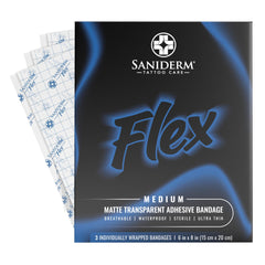 Saniderm Flex tattoo bandage application close-up with matte finish for comfortable healing.