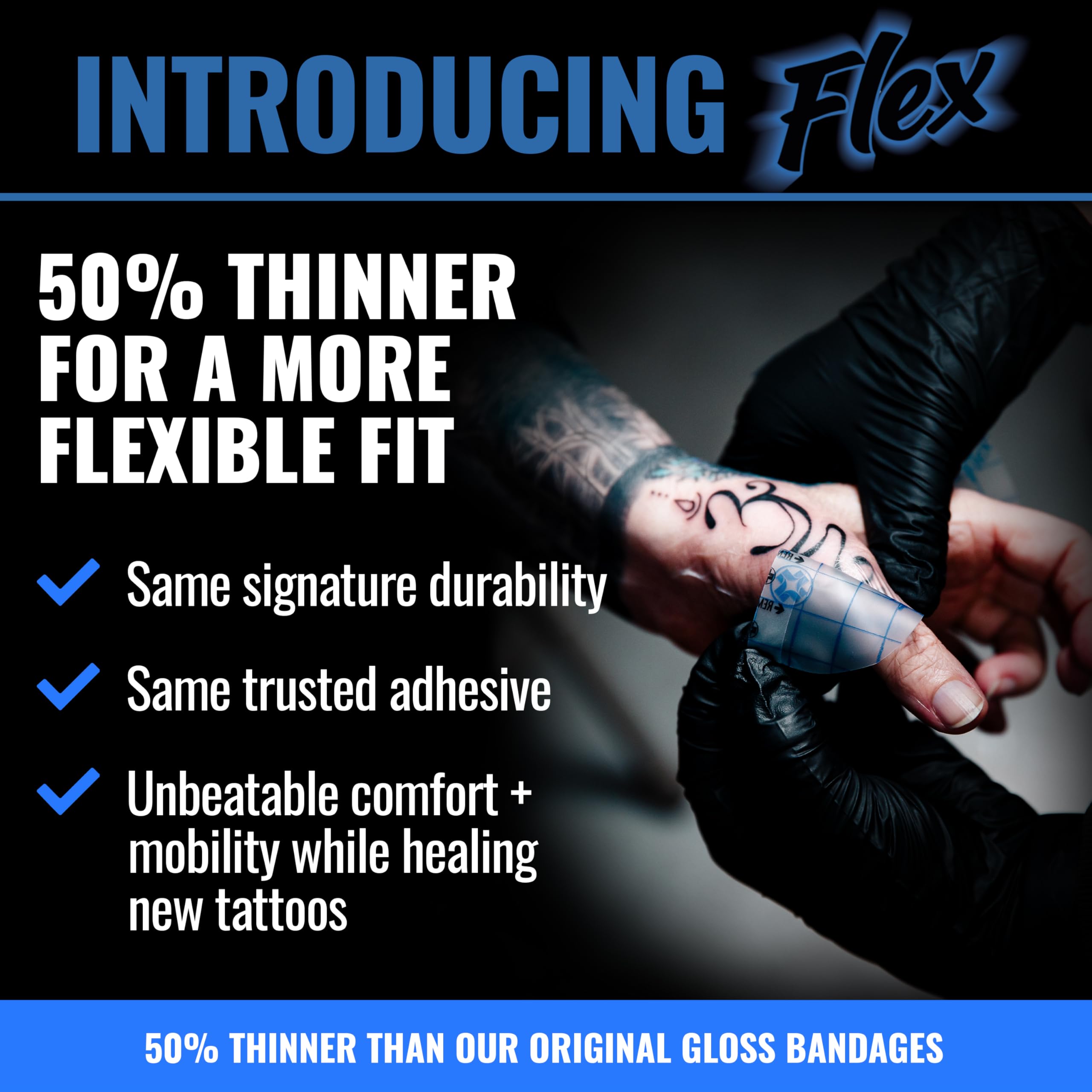 Saniderm Flex matte finish demonstrates non-reflective comfort on fresh tattoos.