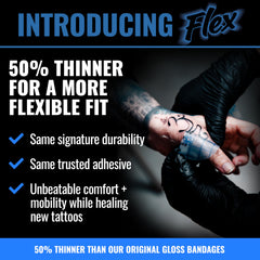 Saniderm Flex matte finish demonstrates non-reflective comfort on fresh tattoos.