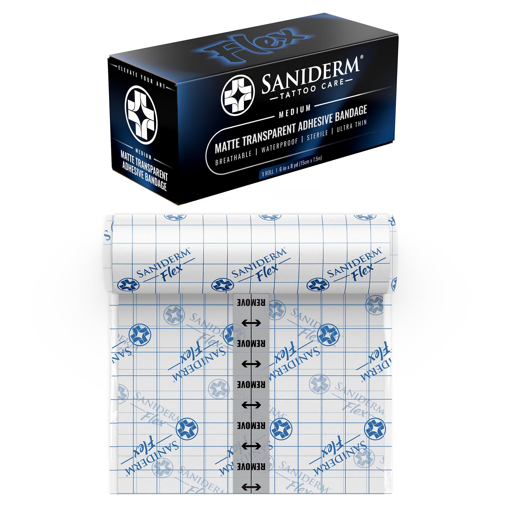 Saniderm Flex medium roll close-up shows durable adhesive and protection.