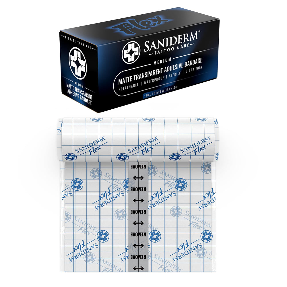 Saniderm Flex medium roll close-up shows durable adhesive and protection.