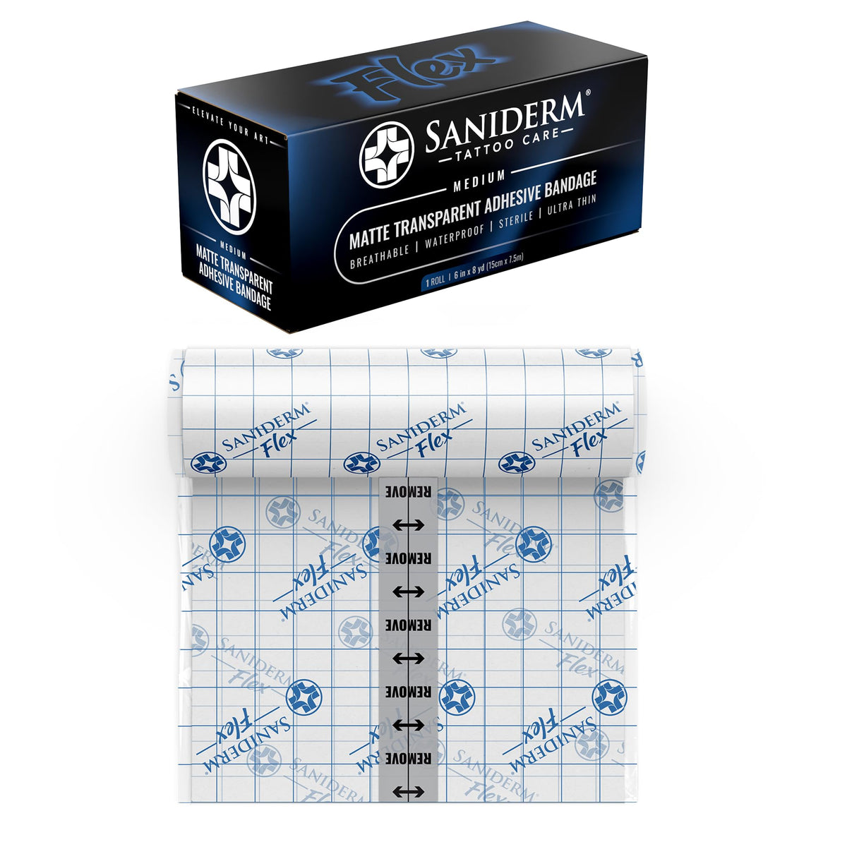 Saniderm Flex medium roll close-up shows durable adhesive and protection.