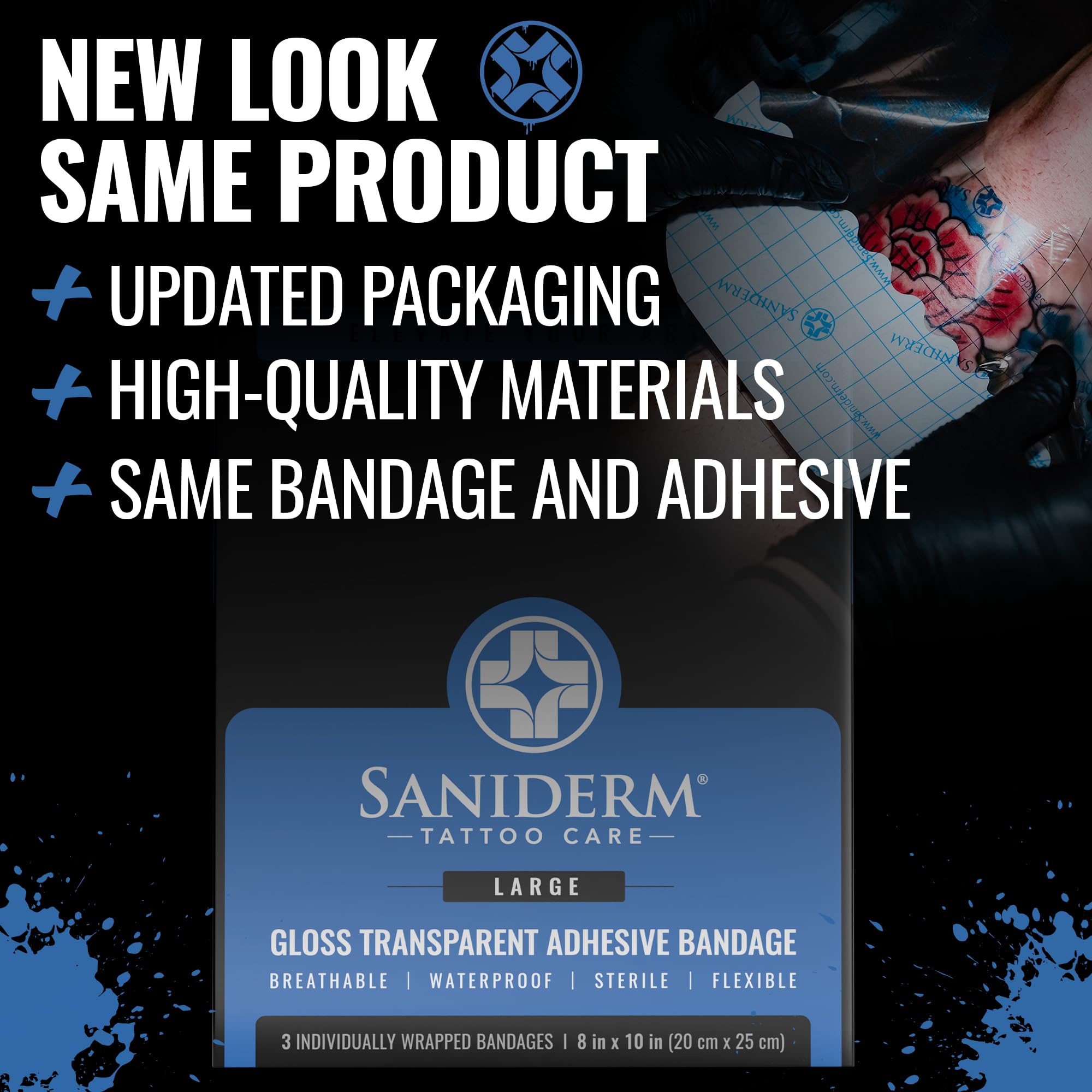 Saniderm original gloss bandage sealed and sterile for safe healing.