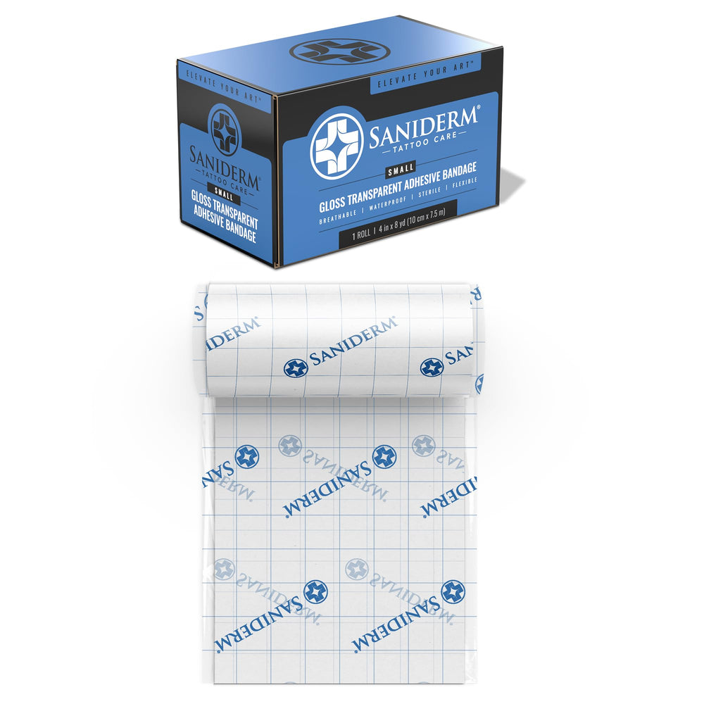 Saniderm Original tattoo bandage closeup highlighting sterile seal for quick healing protection.
