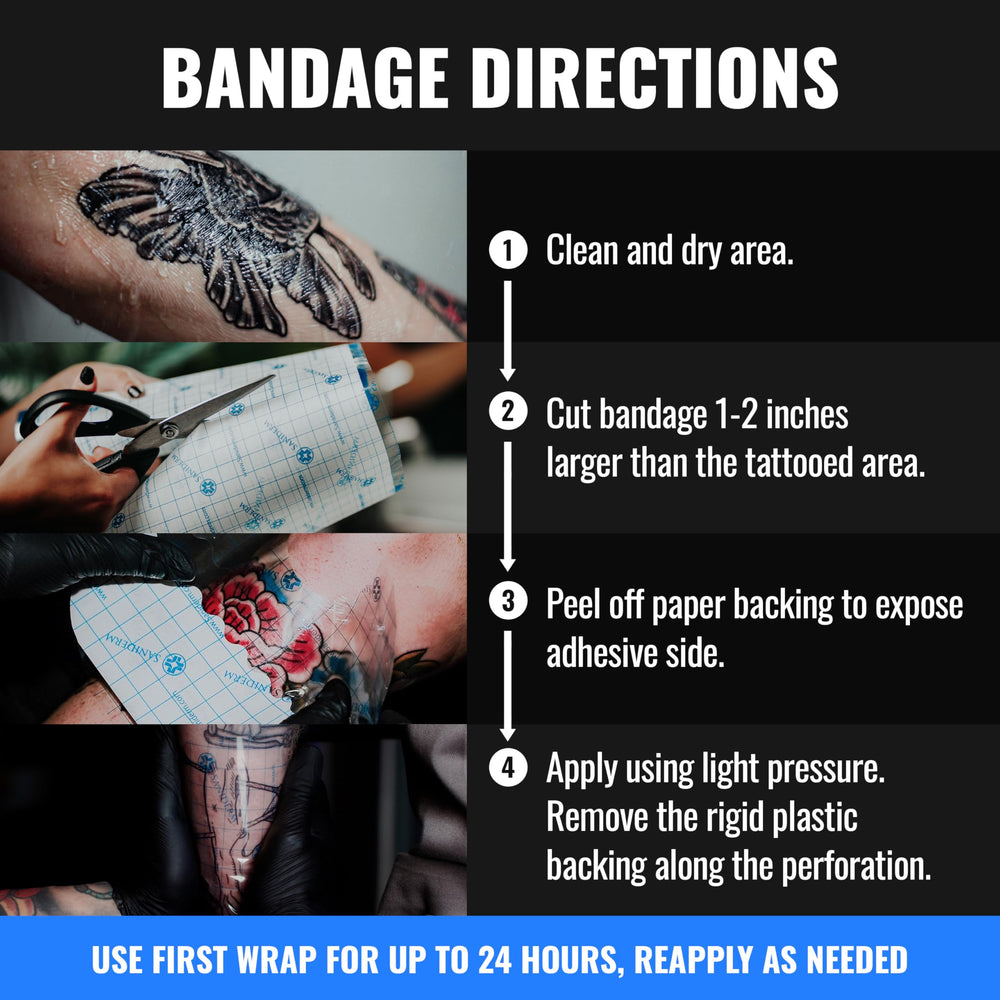 Saniderm Original tattoo bandage on leg shows waterproof shower-ready aftercare.