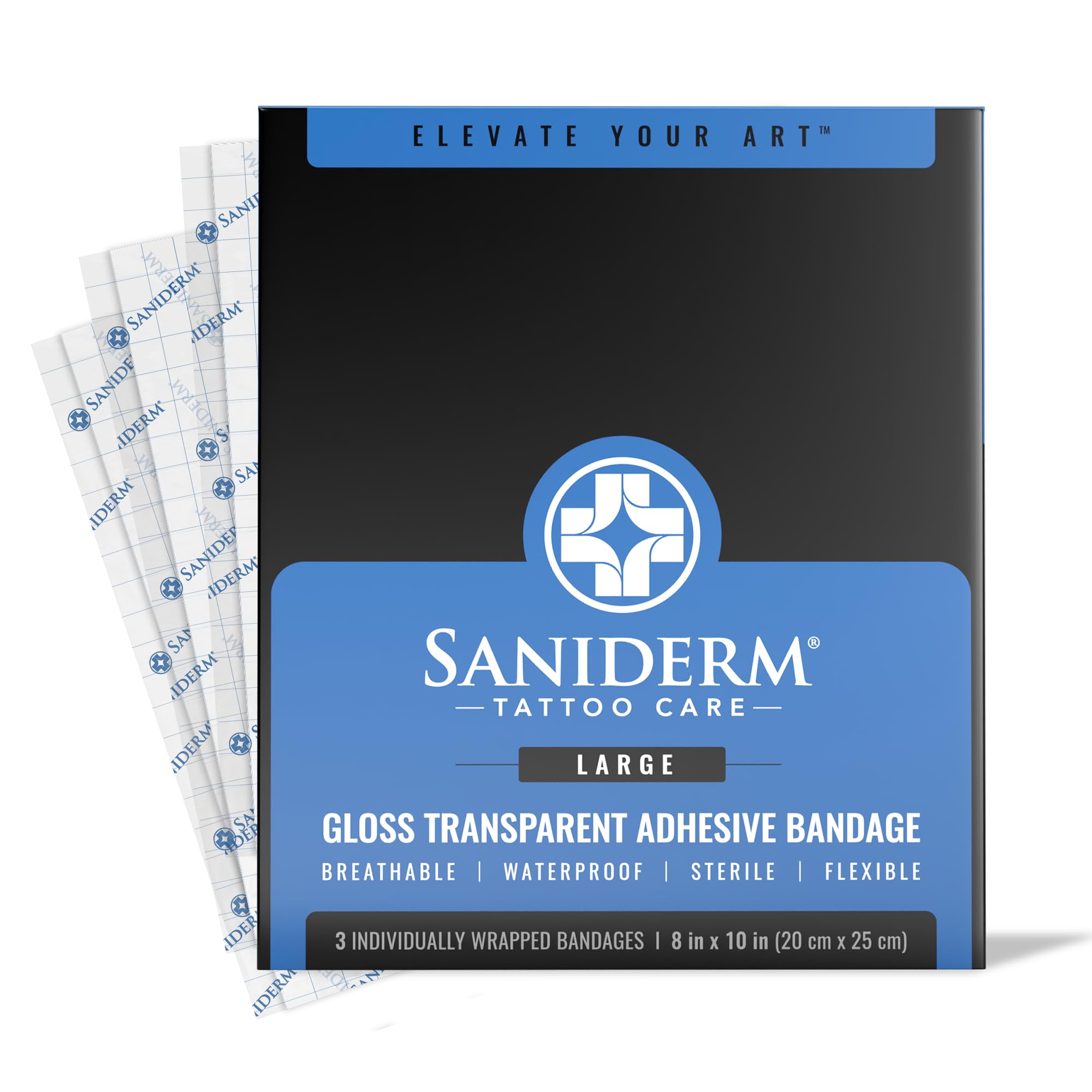 Saniderm tattoo aftercare bandage large pack protects new ink with clean coverage.