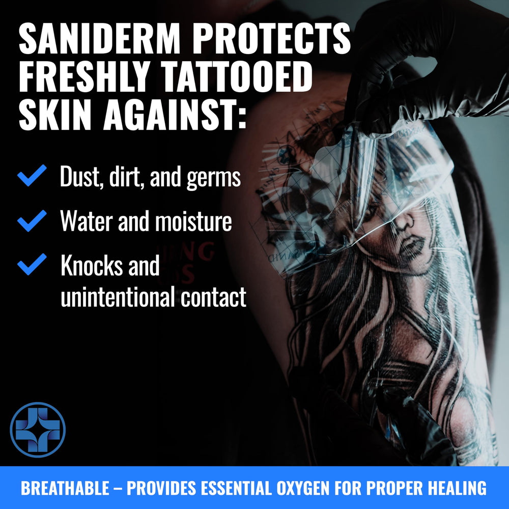 Saniderm tattoo bandage keeps tattoos covered for convenient healing.