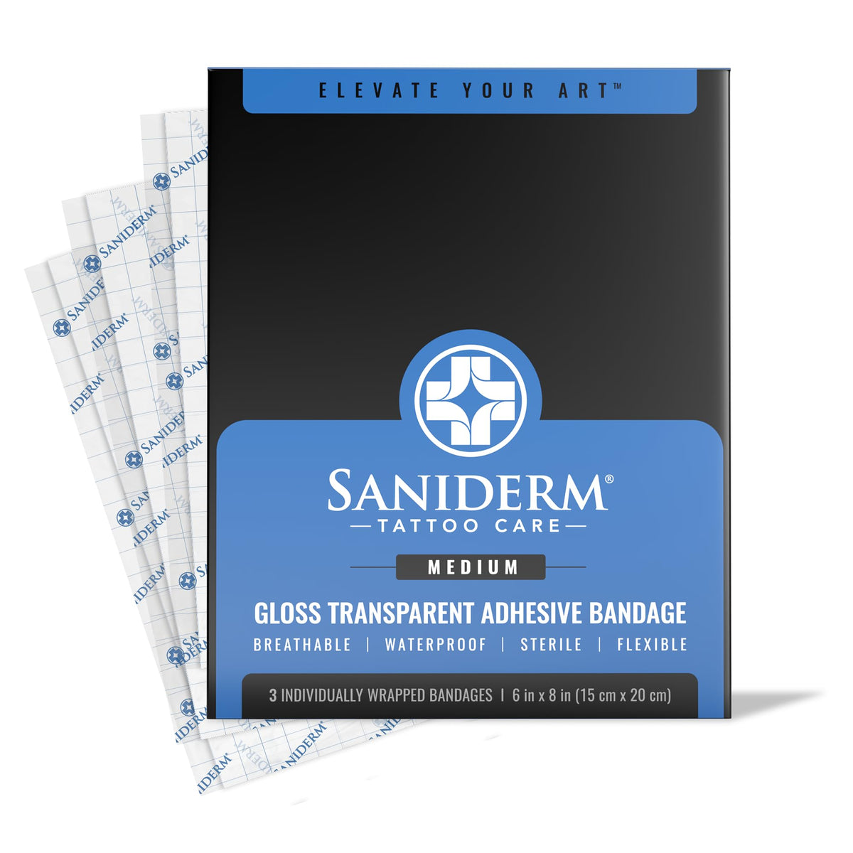 Saniderm tattoo bandage packaging showing three sheets for convenient aftercare