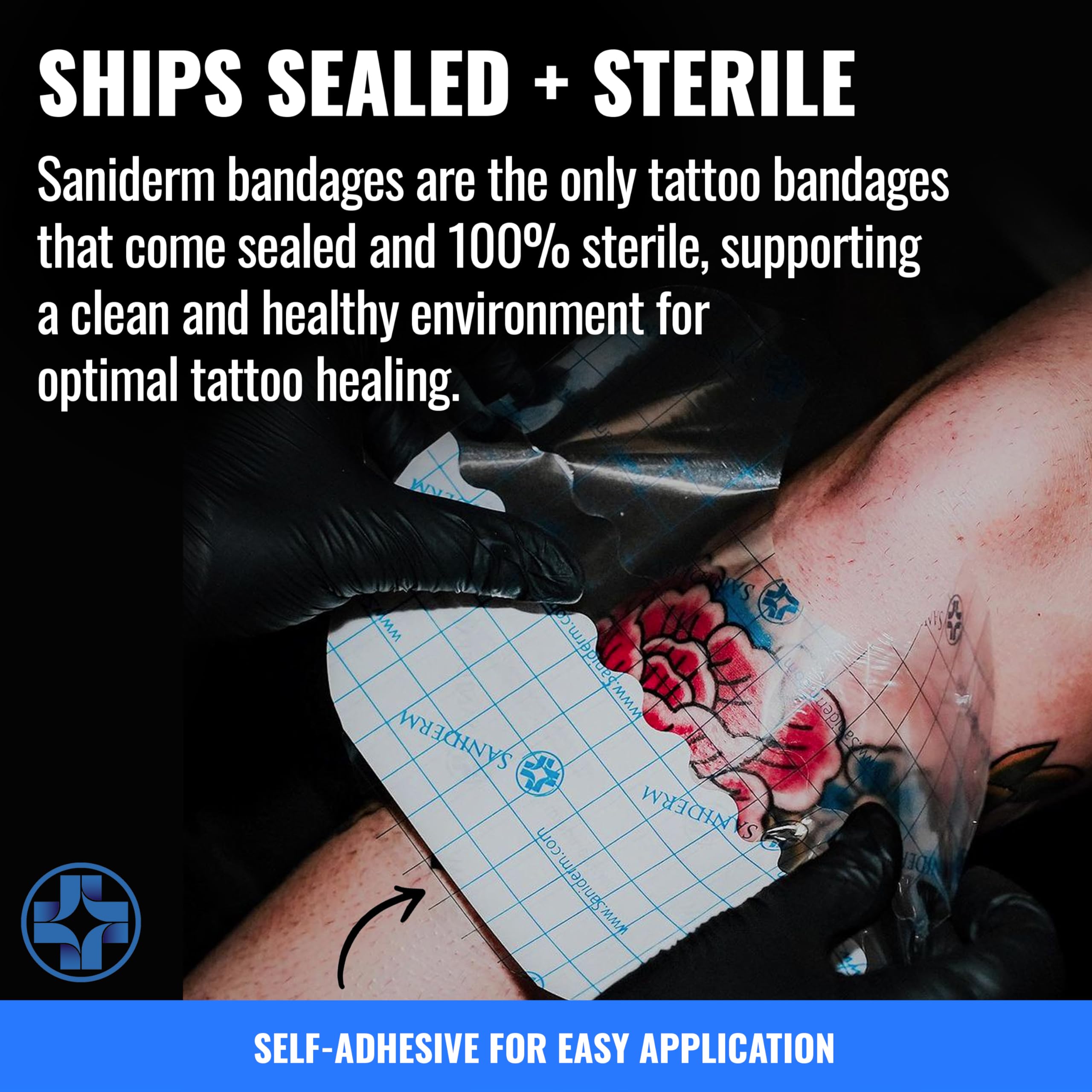 Saniderm waterproof tattoo bandage allows showering without removing the bandage.