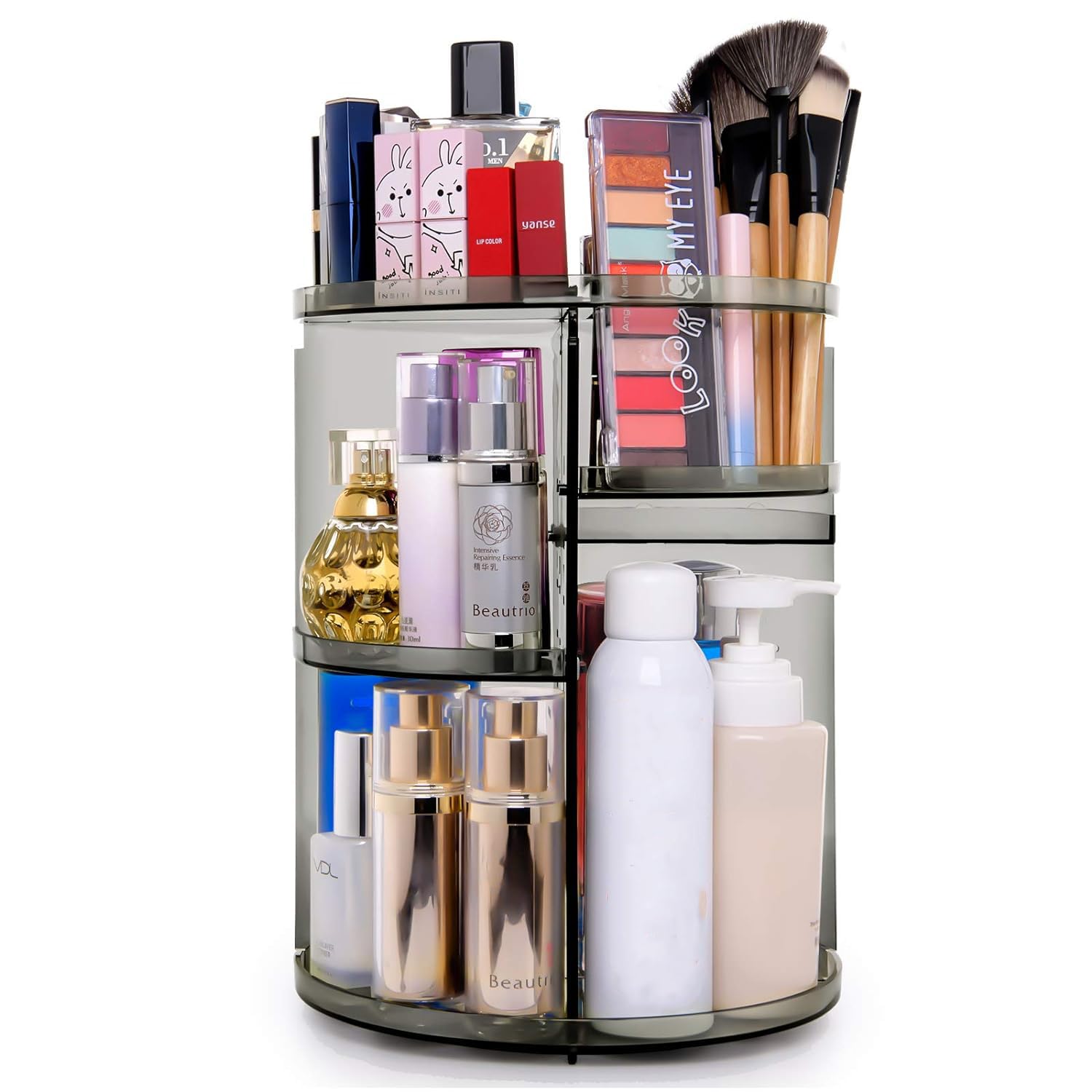 sanipoe 360° rotating makeup organizer front view for quick access to cosmetics