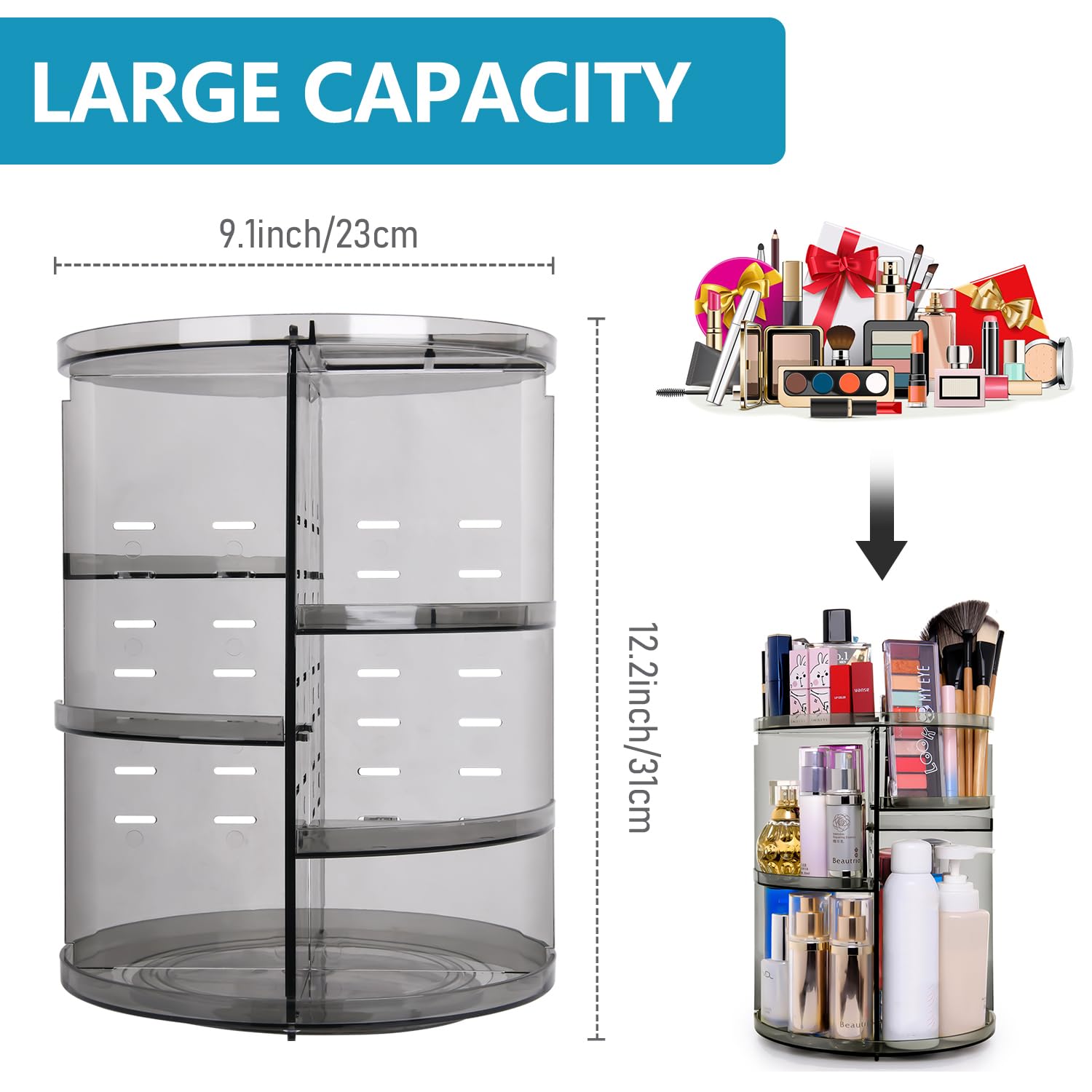 sanipoe 360° rotating makeup organizer tray-assembly highlights adjustable shelves
