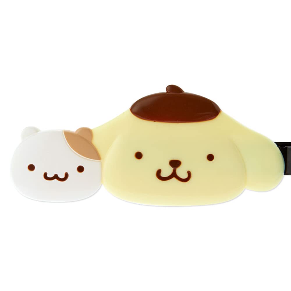 Sanrio Pom Pom Pudding long bangs clip in use with desk demonstrates hands-free practicality