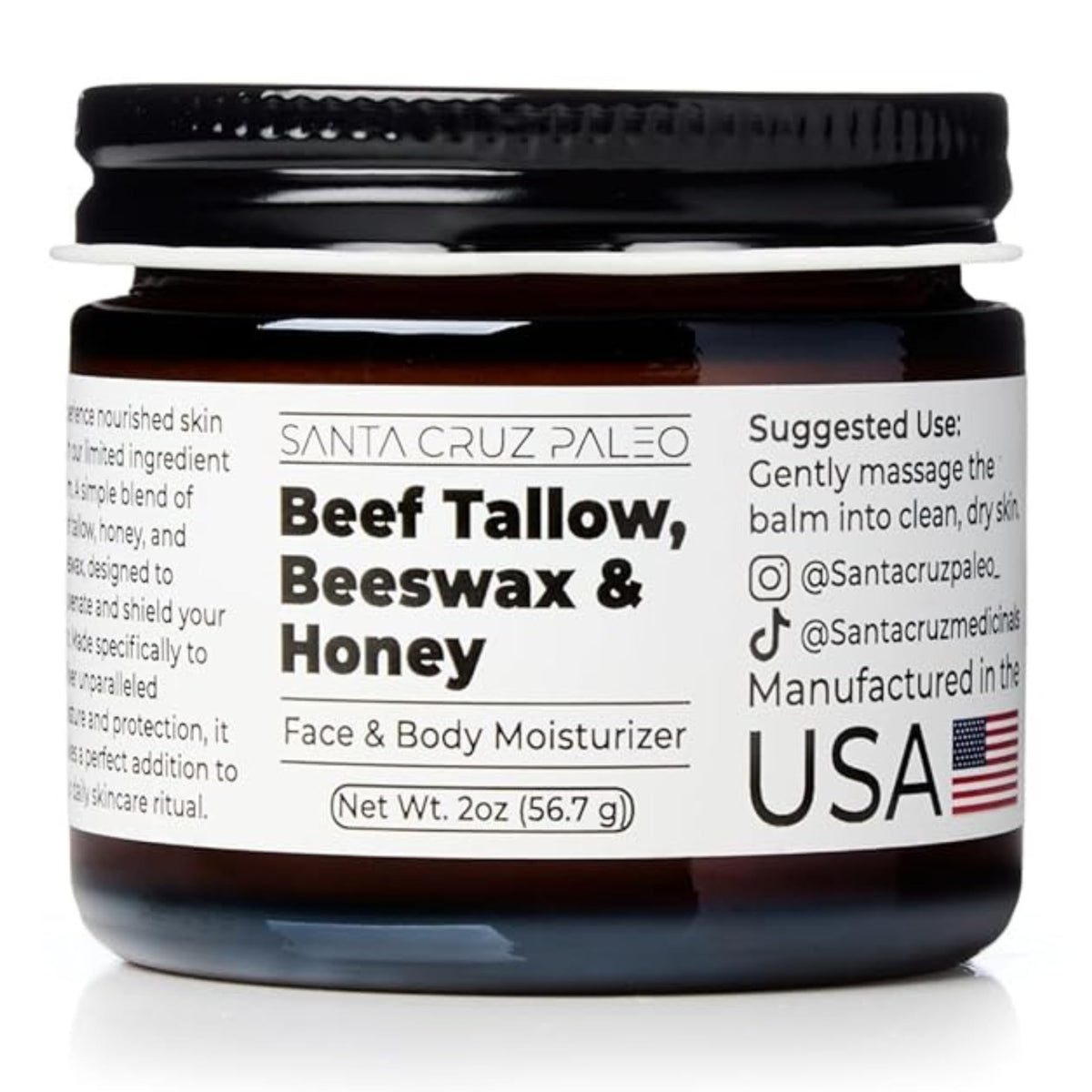 Santa Cruz Paleo beef tallow face moisturizer bottle showing rich hydration for dry skin