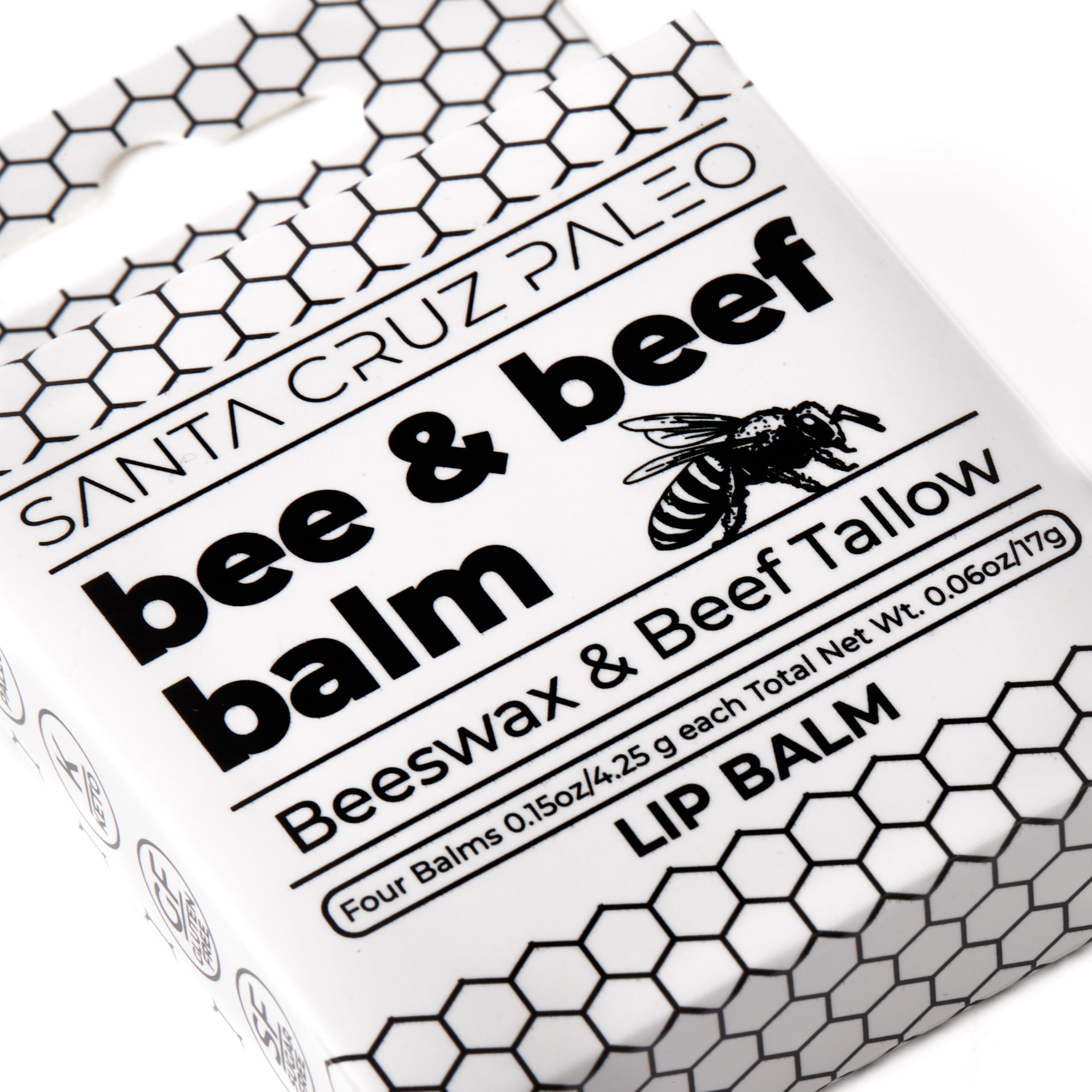Santa Cruz Paleo beef tallow lip balm-attributes highlight hypoallergenic non-comedogenic formula.