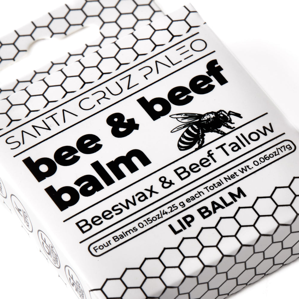 Santa Cruz Paleo beef tallow lip balm-attributes highlight hypoallergenic non-comedogenic formula.