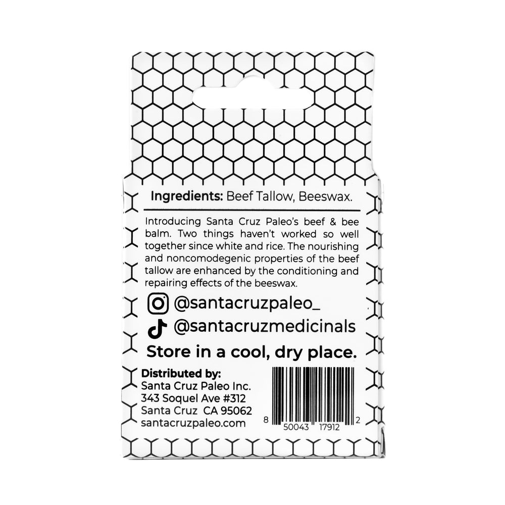 Santa Cruz Paleo beef tallow lip balm-on-lips shows natural, long-lasting moisture.