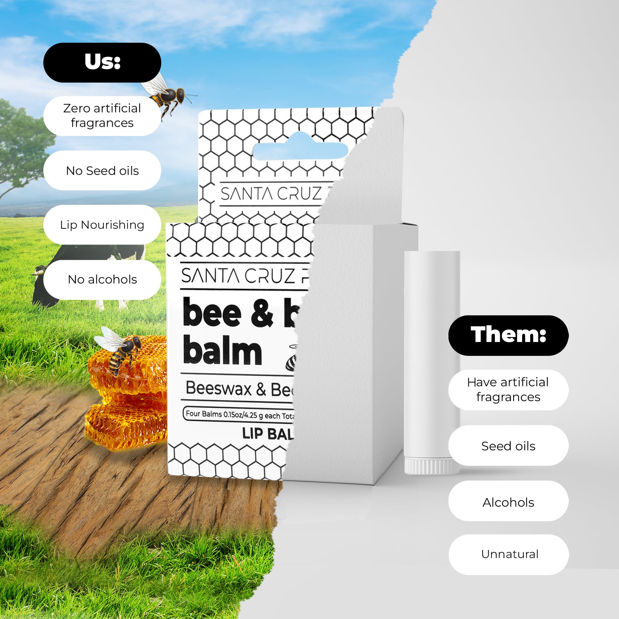 Santa Cruz Paleo beef tallow lip balm stick-front highlights the simple, clean formula.