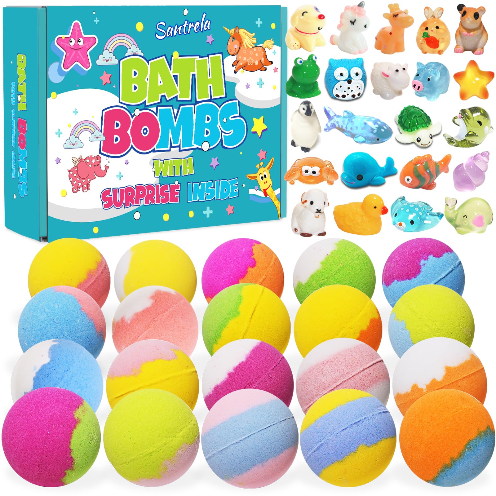 Santrela bath bombs with surprise inside the box for playful bath time fun.