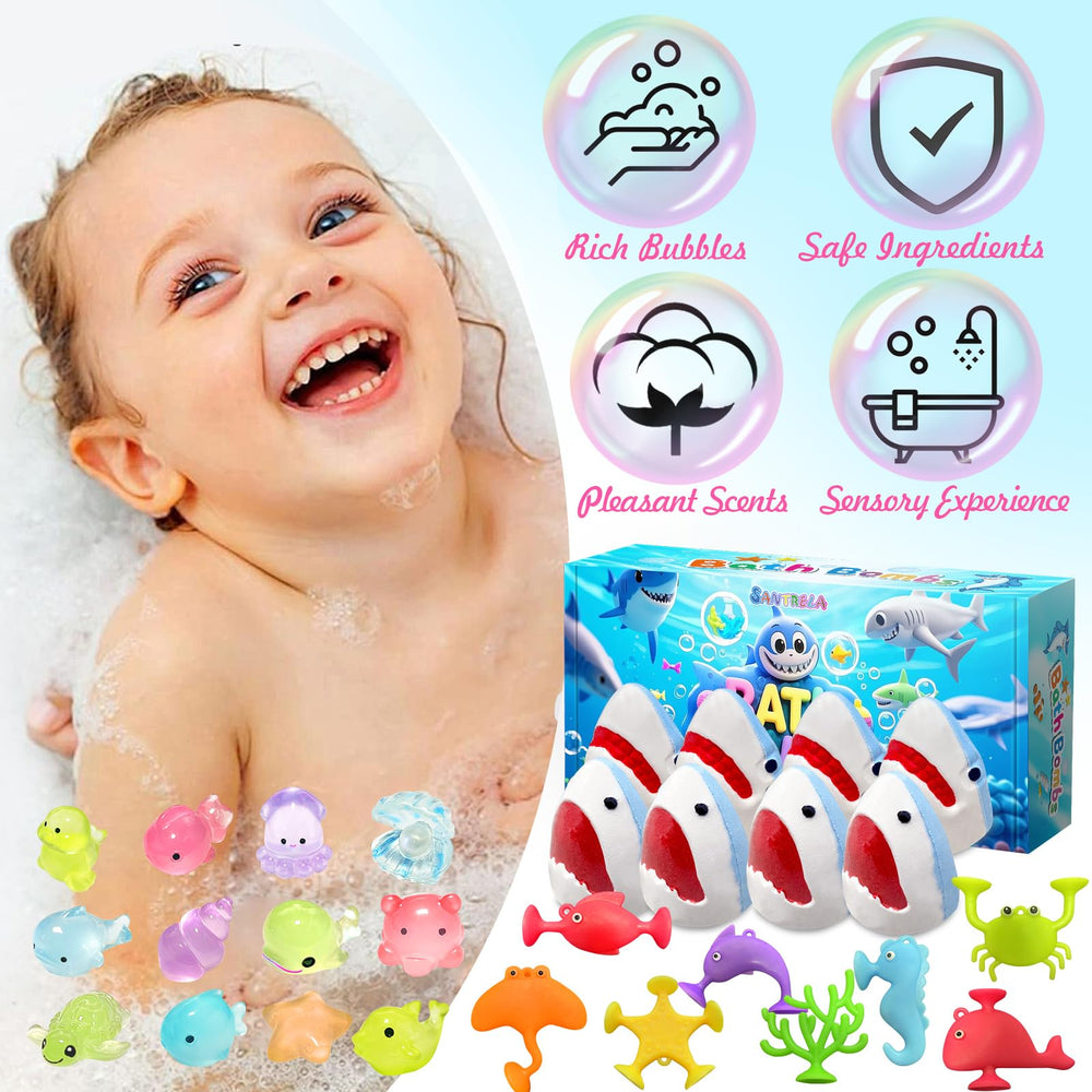 Santrela bath time scene with smiling kids and swirled colors.