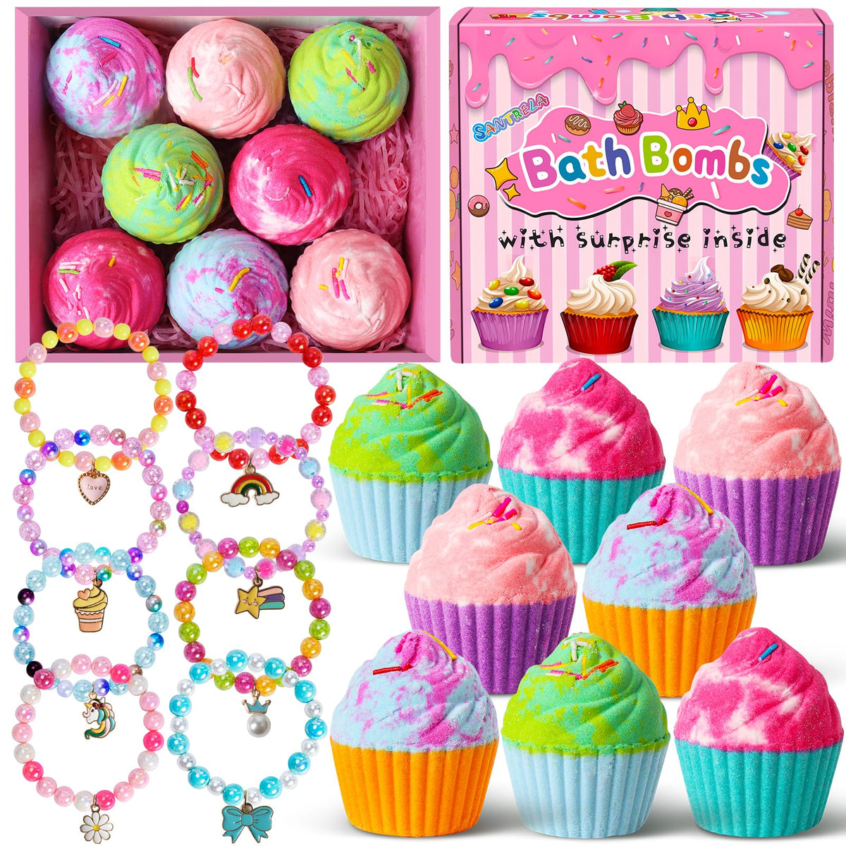 Santrela cupcake bath bombs gift set packaging, gift-ready presentation for special occasions.