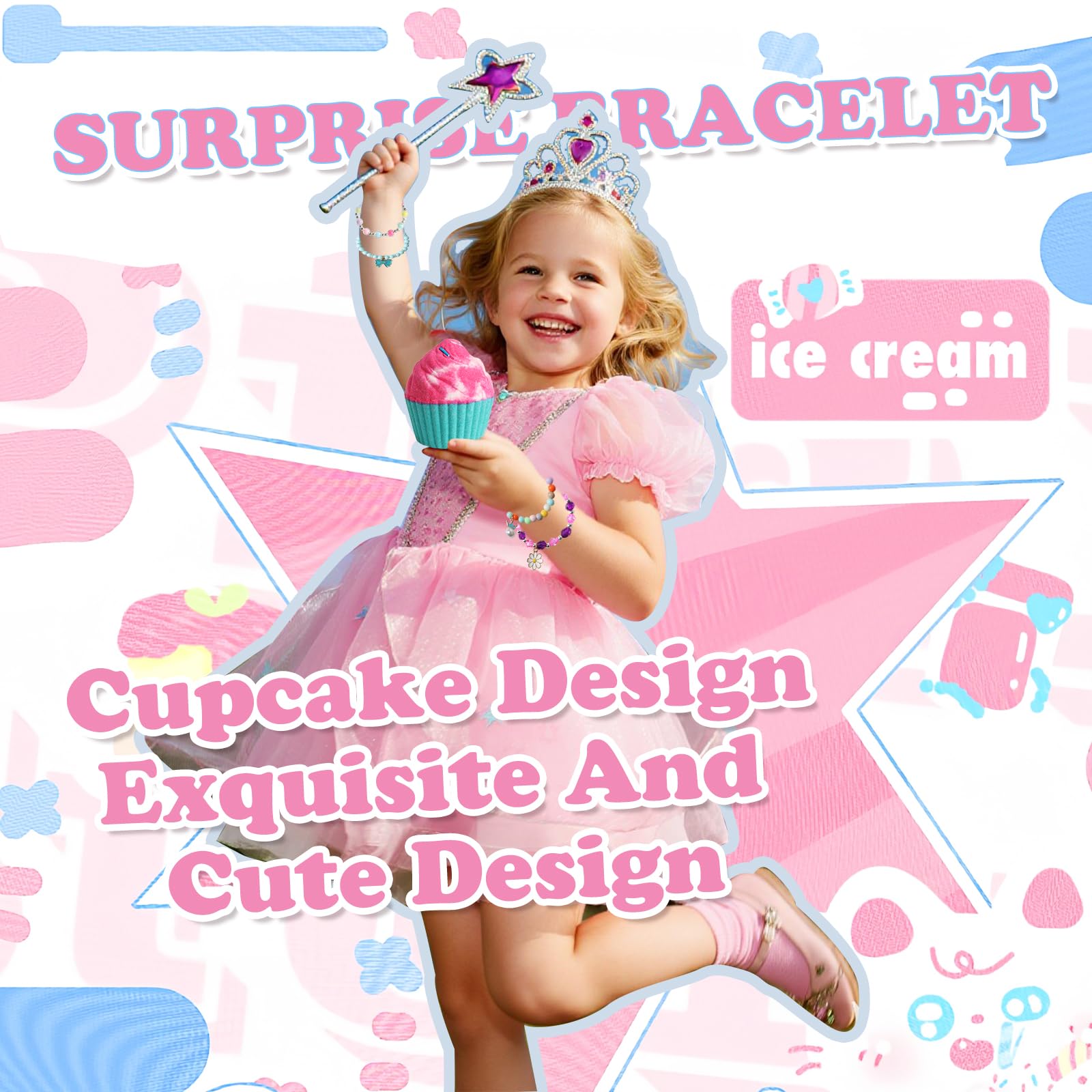 Santrela cupcake design with sprinkles on pink gift box for colorful bath aesthetics.
