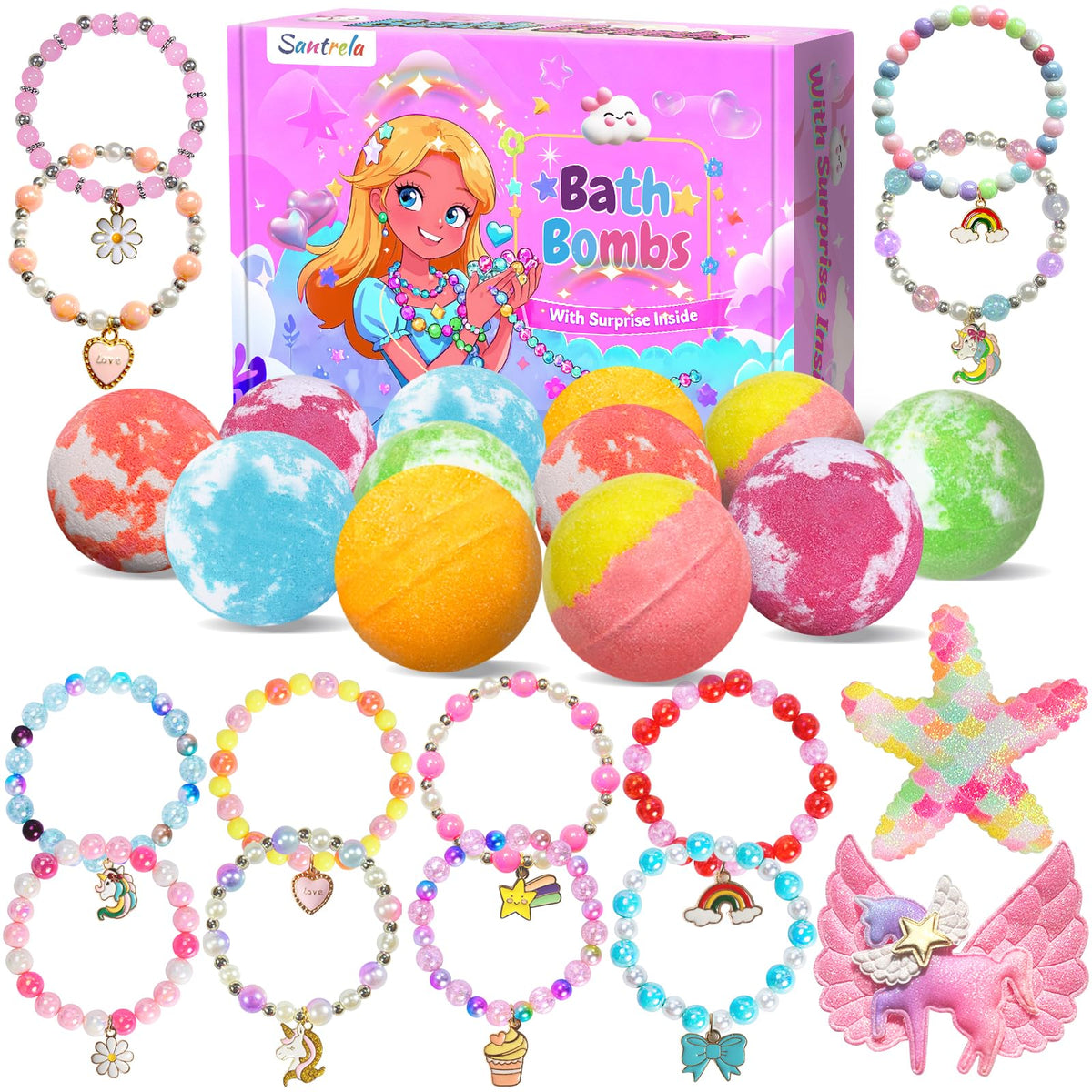 Santrela kids bath bombs surprise box showing colorful fizz for joyful bath time.