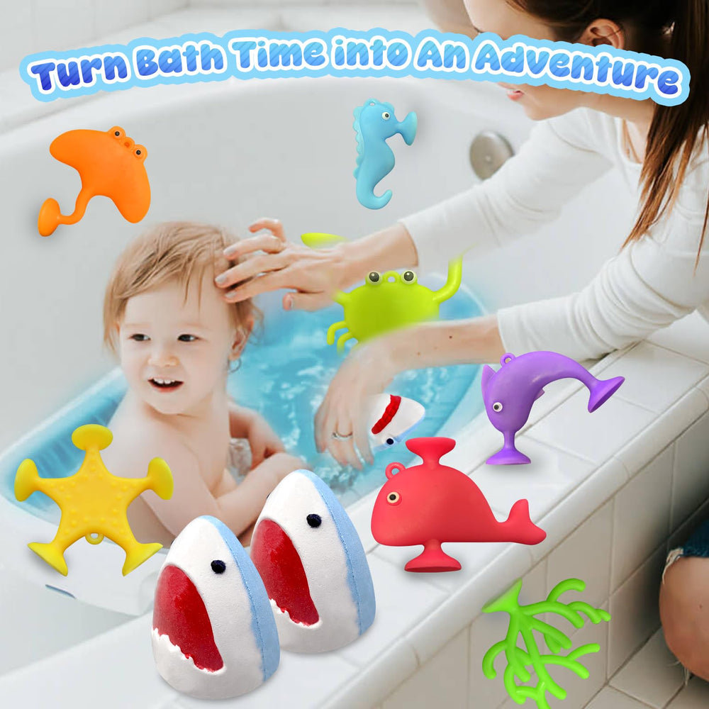 Santrela shark bath bombs reveal inside toy after fizzing for surprise.