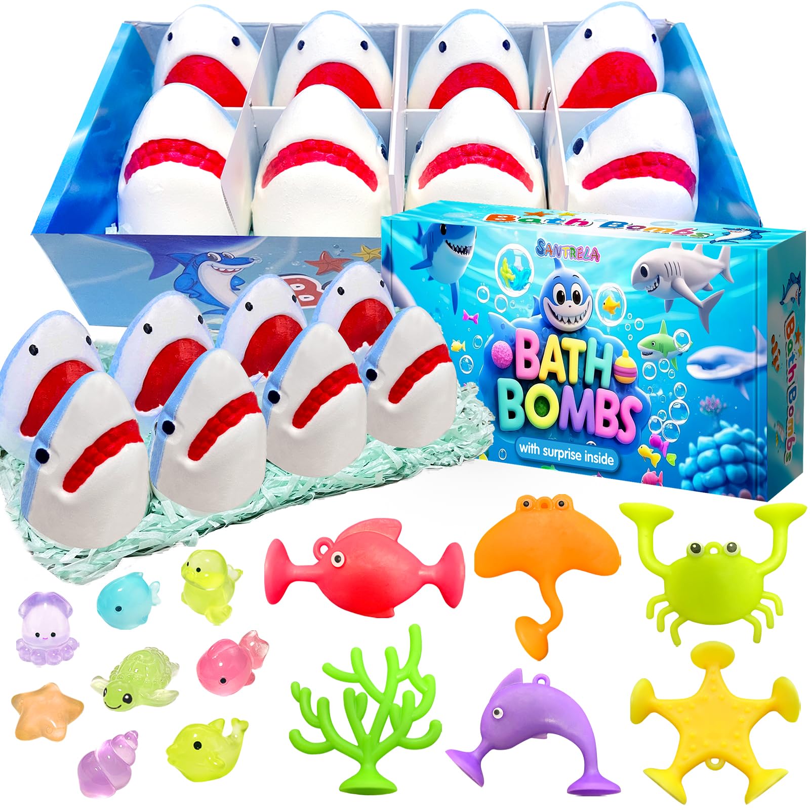 Santrela shark bath bombs pack; vibrant fizz for engaging bath time.