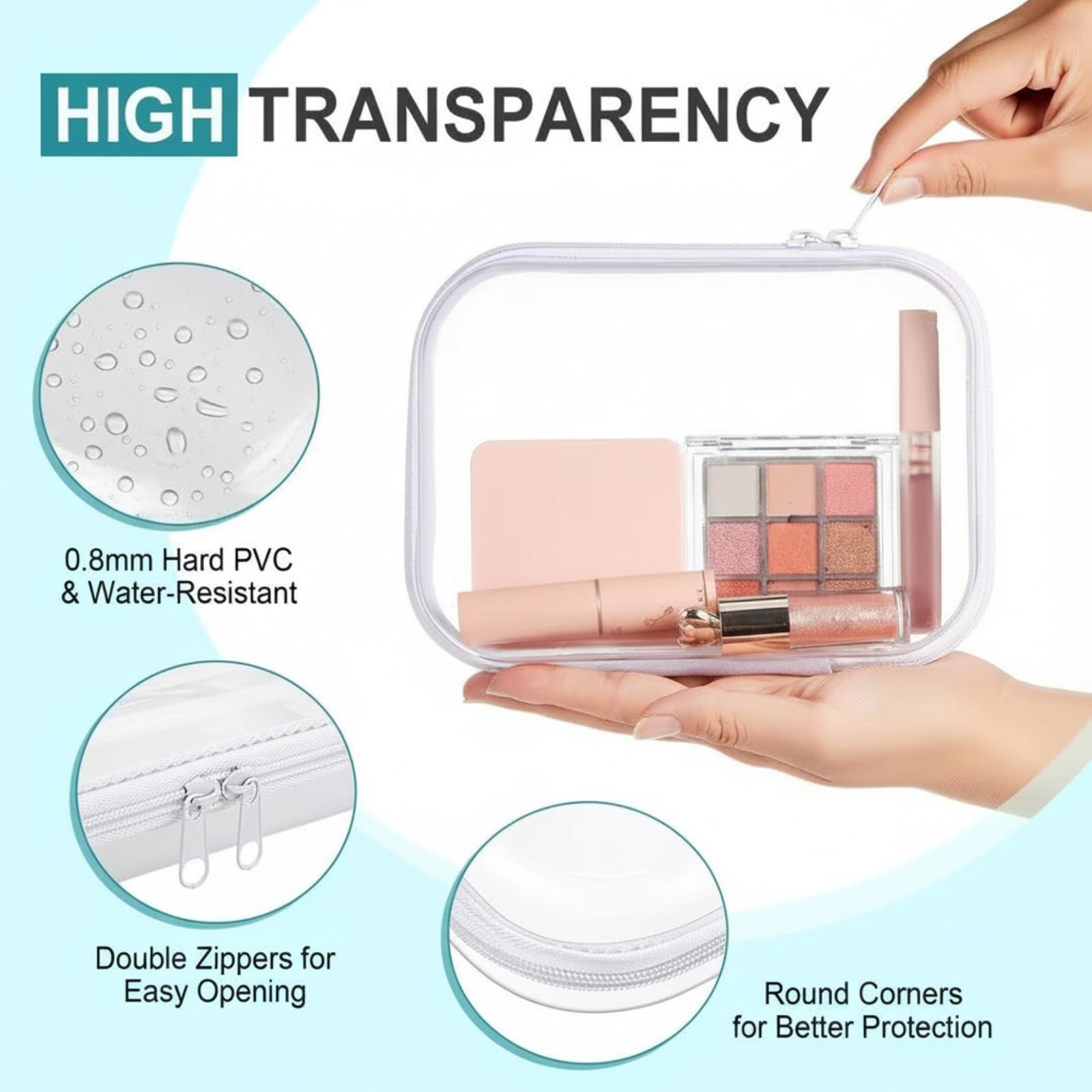 Sanwuta transparent makeup bag open showing contents for quick beauty routines
