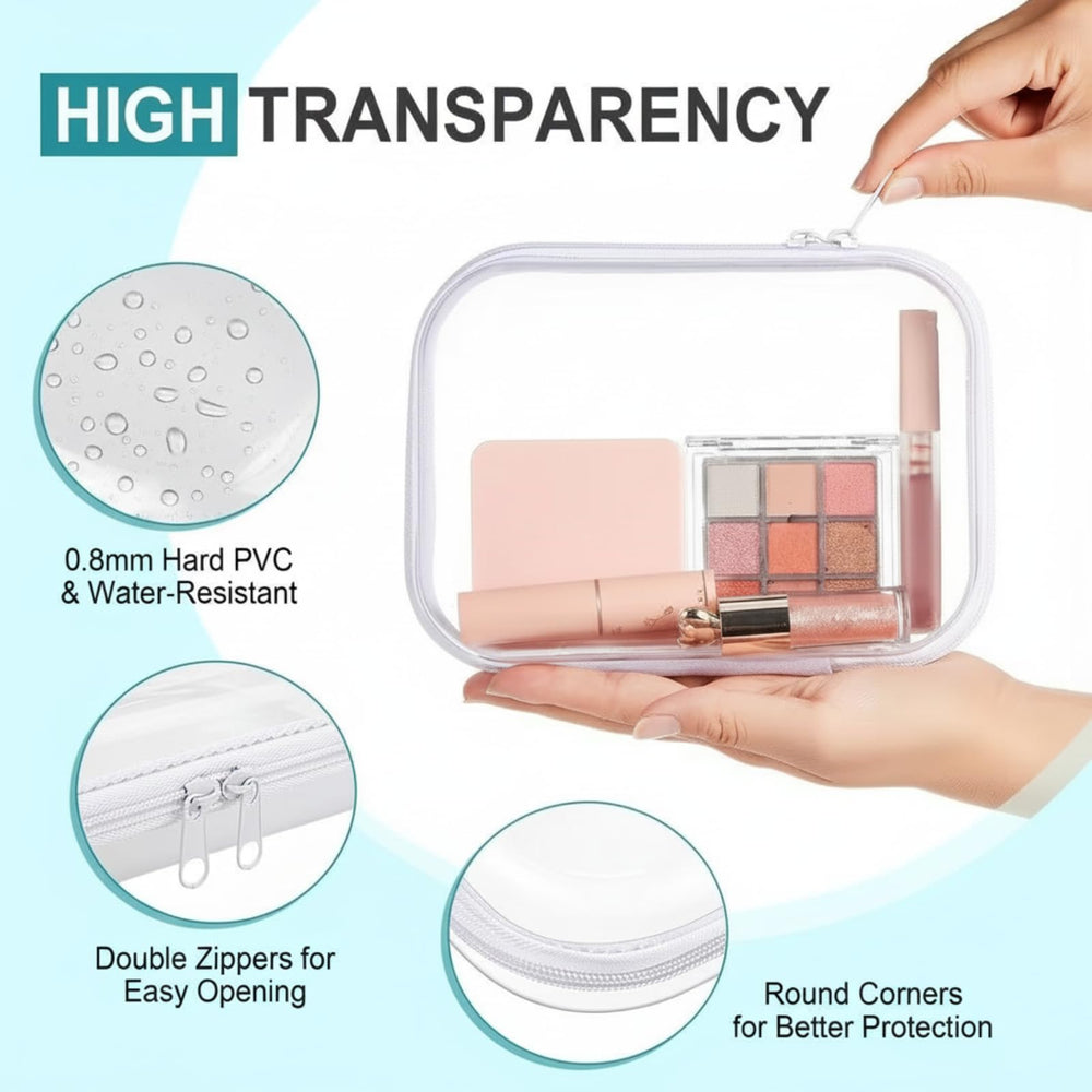 Sanwuta transparent makeup bag open showing contents for quick beauty routines