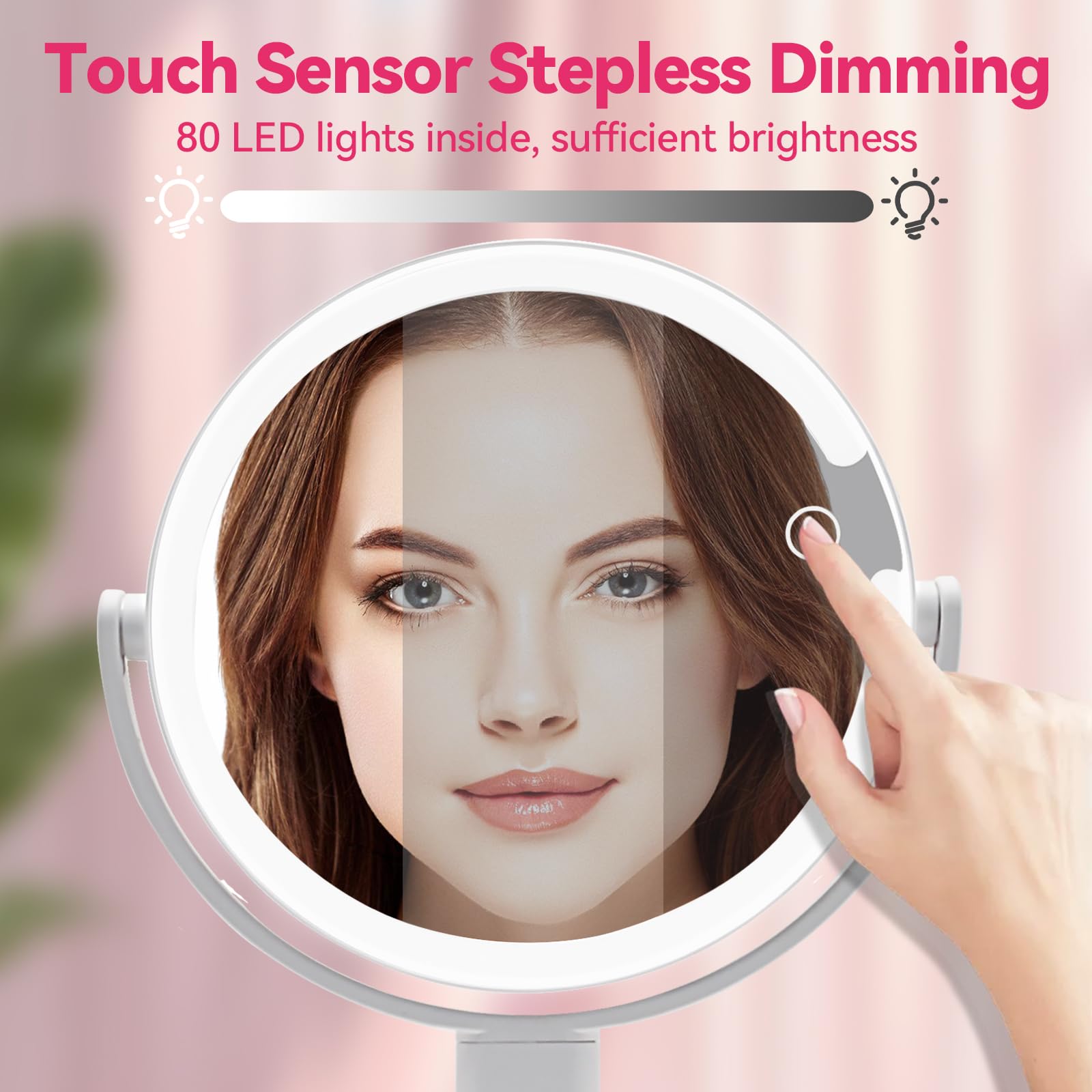 SANYCASA makeup mirror stepless dimming for custom brightness and shadow control.