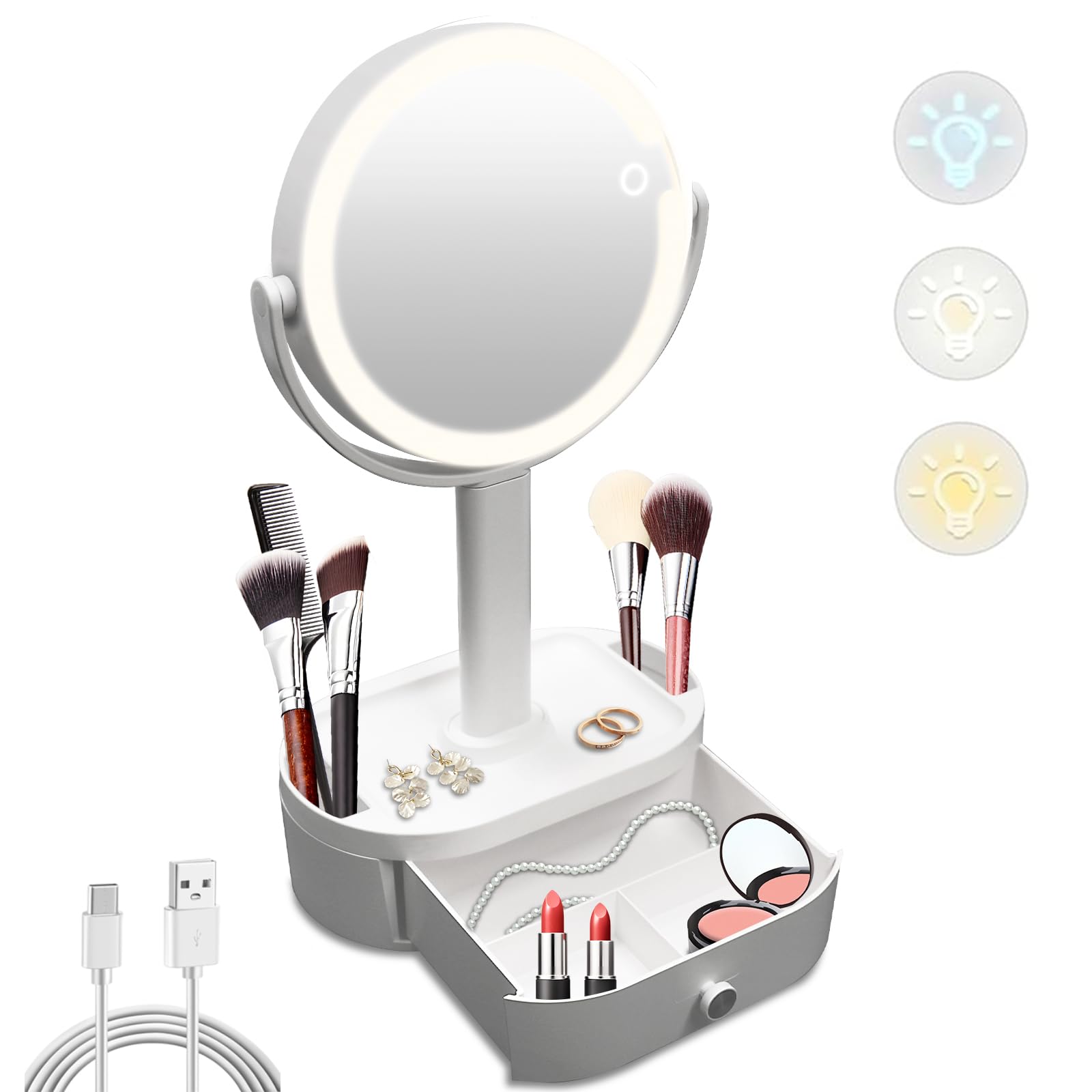 SANYCASA makeup mirror with lights angled view for precise grooming and makeup prep.