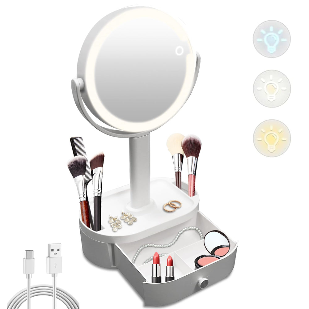 SANYCASA makeup mirror with lights angled view for precise grooming and makeup prep.