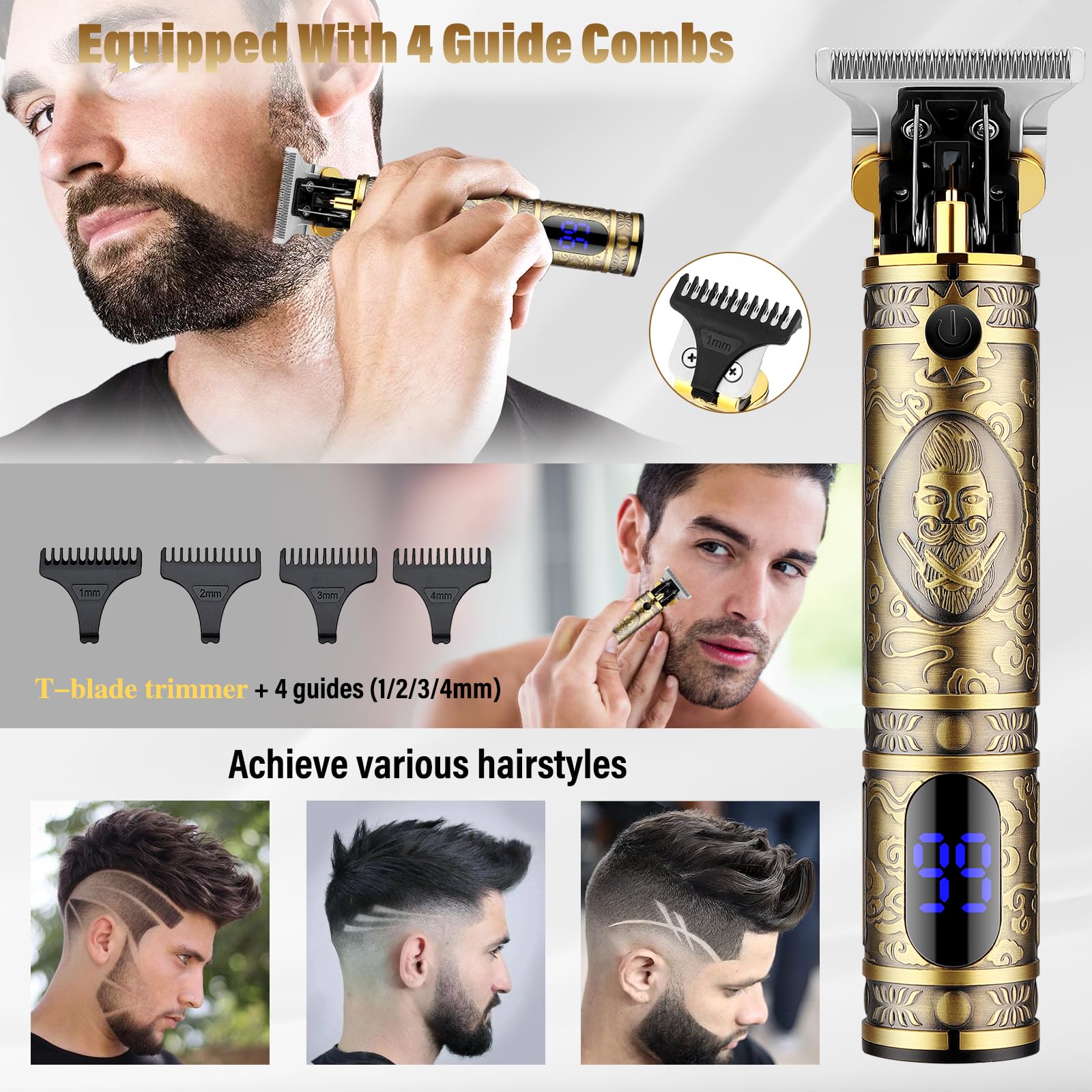 Saoilli cordless grooming kit with four guide combs for versatile styling.