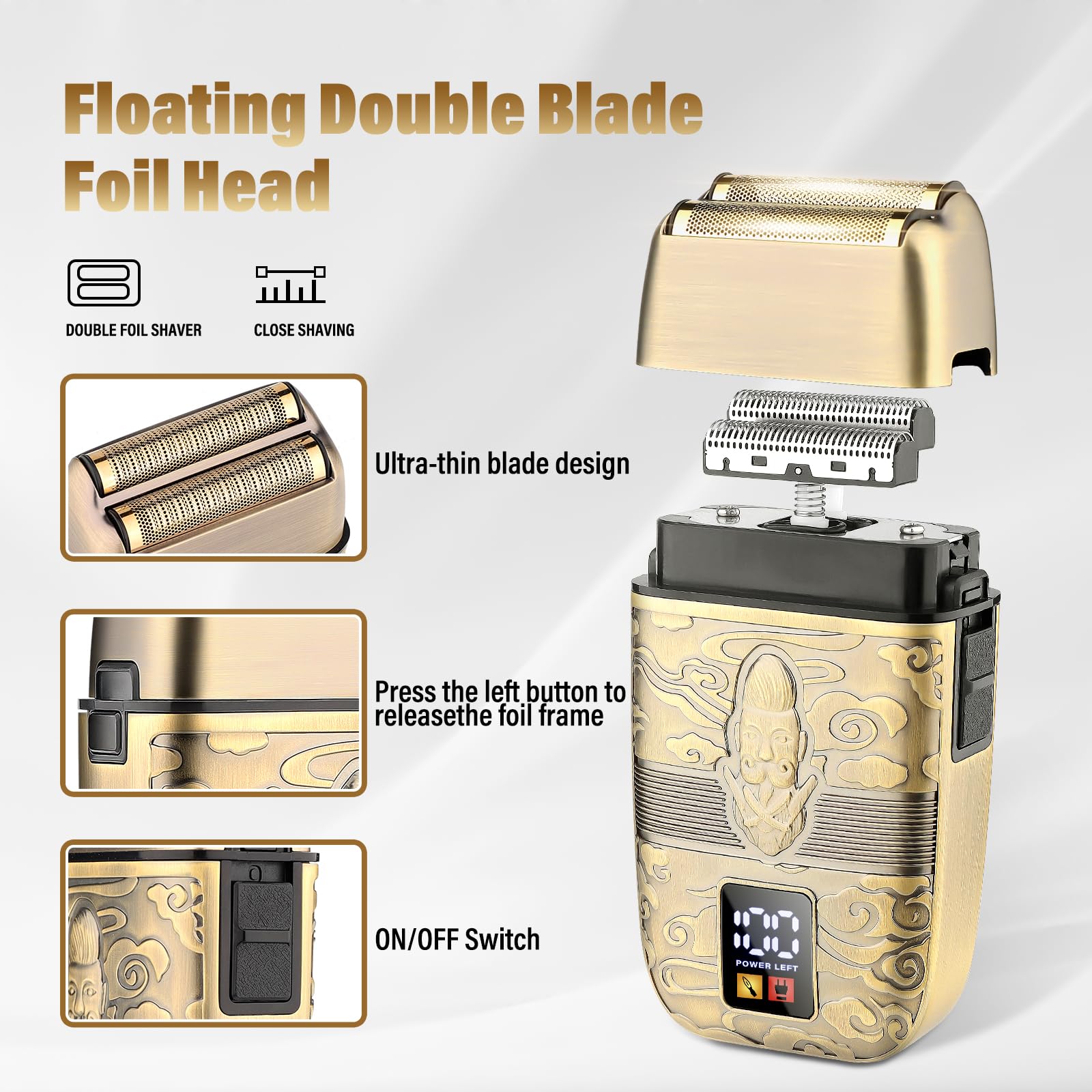 Saoilli electric foil shaver with double foil for smooth, irritation-free shaving.