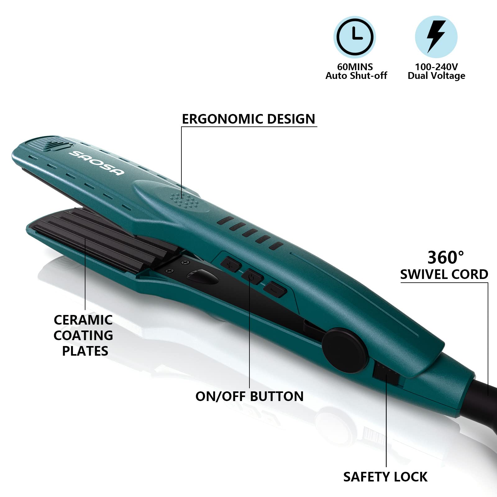 SAOSA hair crimper iron cord swivel design reduces tangling.
