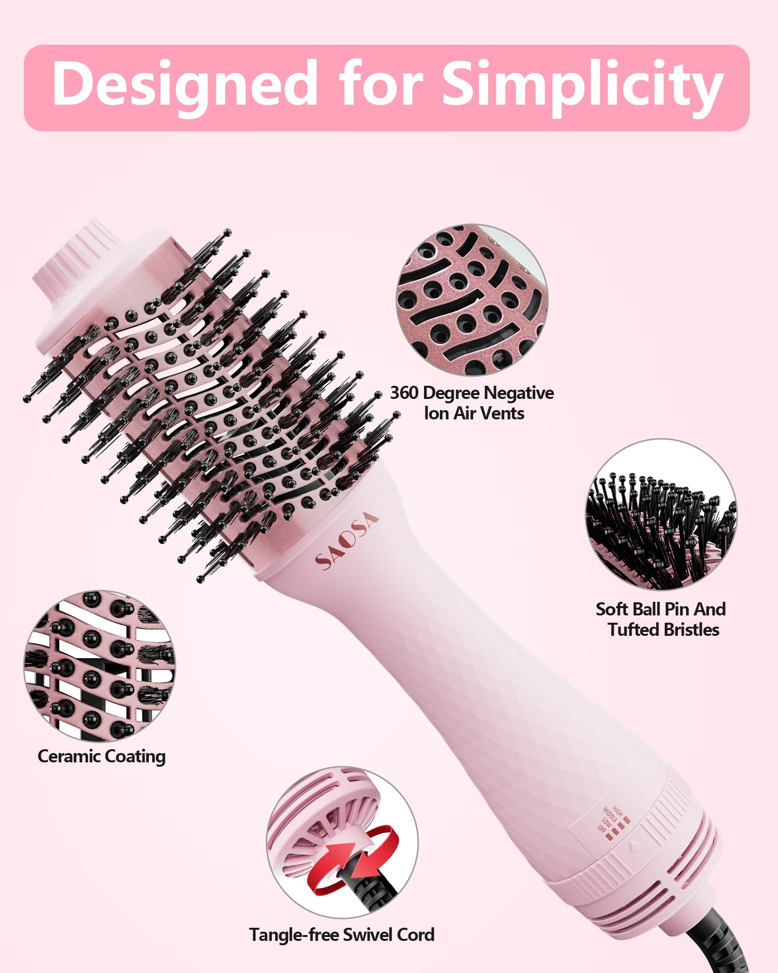 SAOSA hair dryer brush demonstrating negative ion technology for frizz control.