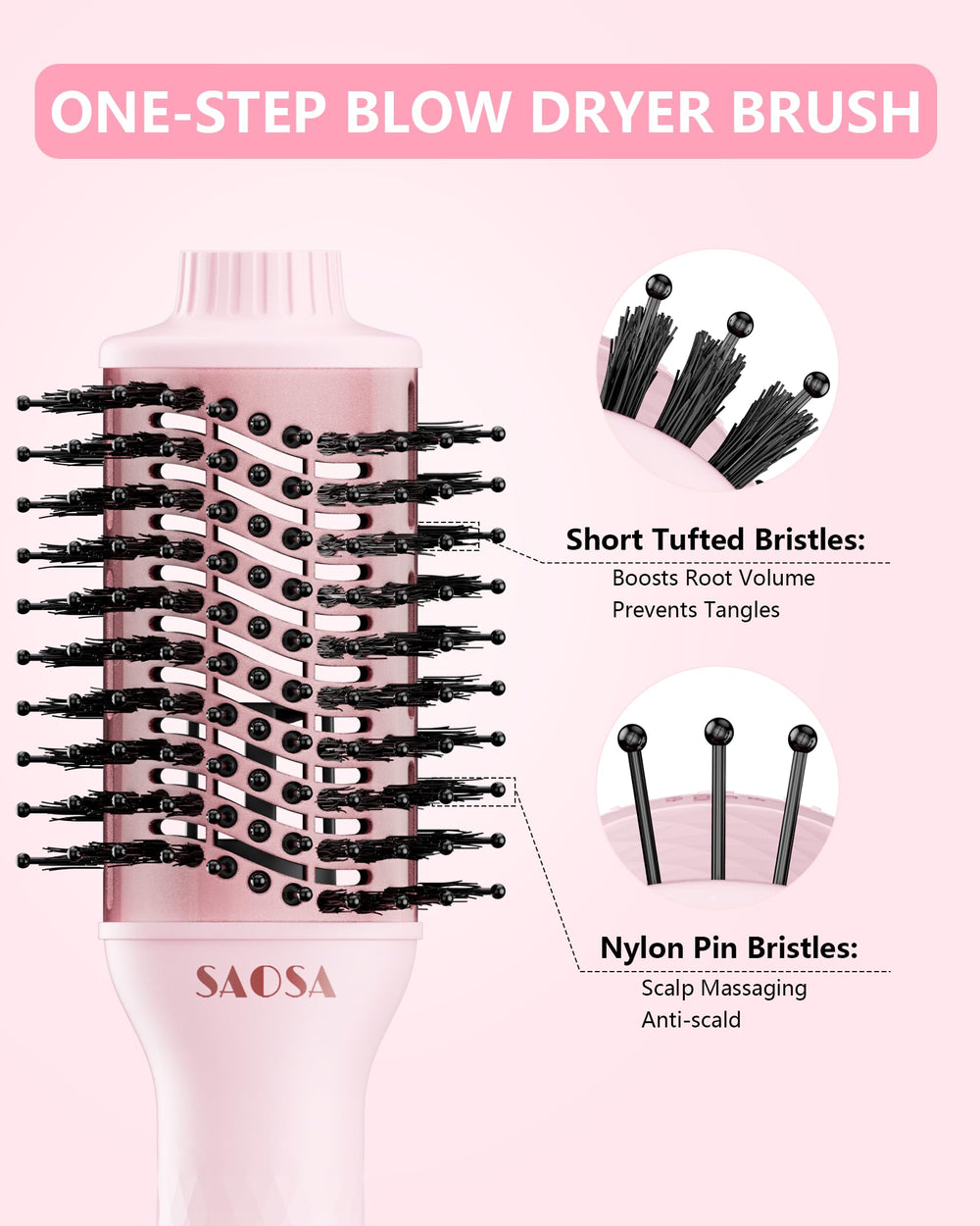 SAOSA hair dryer brush highlighting nylon pins and tufted bristles for detangling and volume.