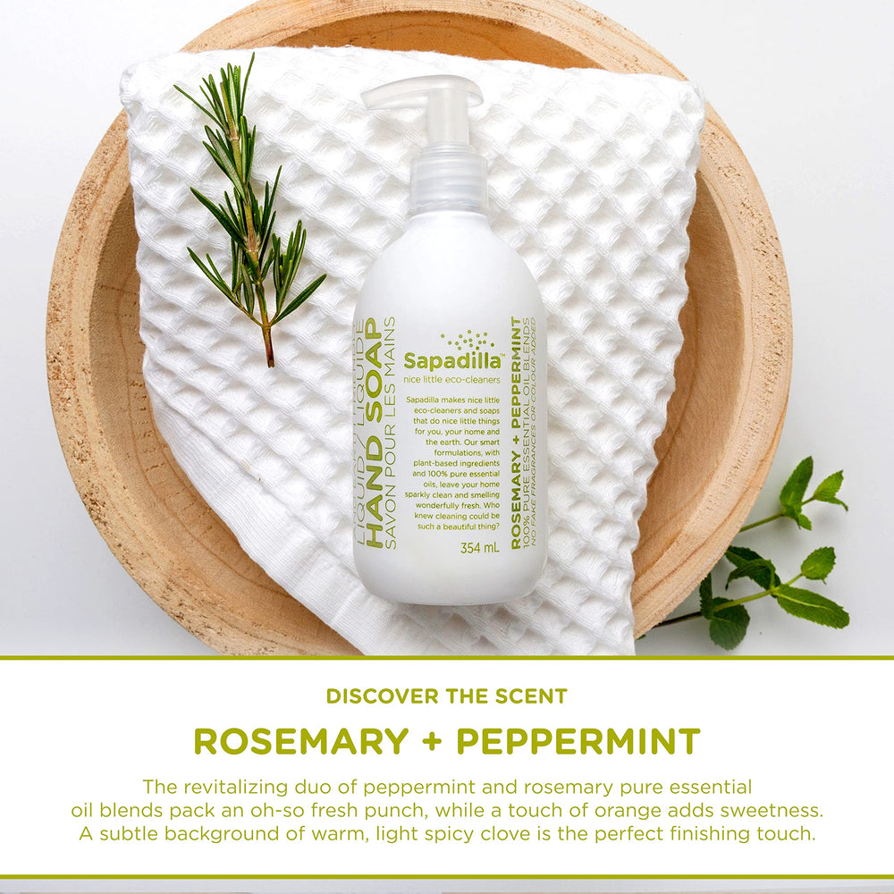 Sapadilla rosemary-peppermint swirl pump bottle showing invigorating aroma