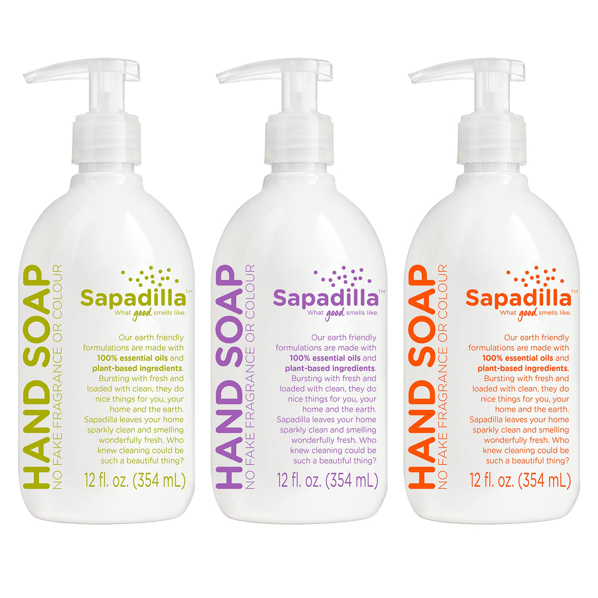 Sapadilla hand soap three-scent bundle bottles on a bright counter for everyday cleansing