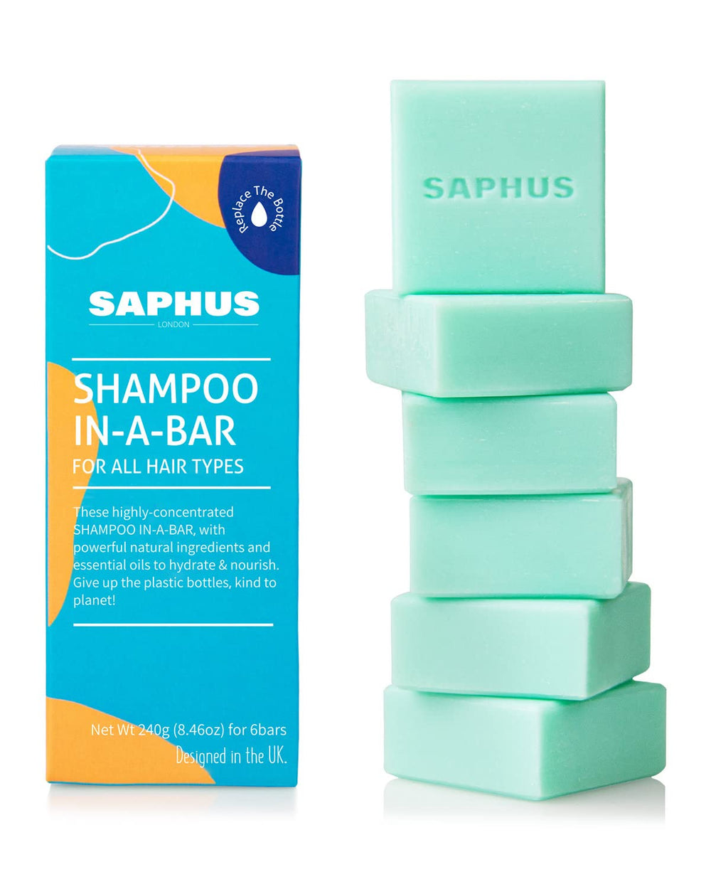 SAPHUS 6pcs shampoo bars packaging shows eco-friendly travel-ready bundle.