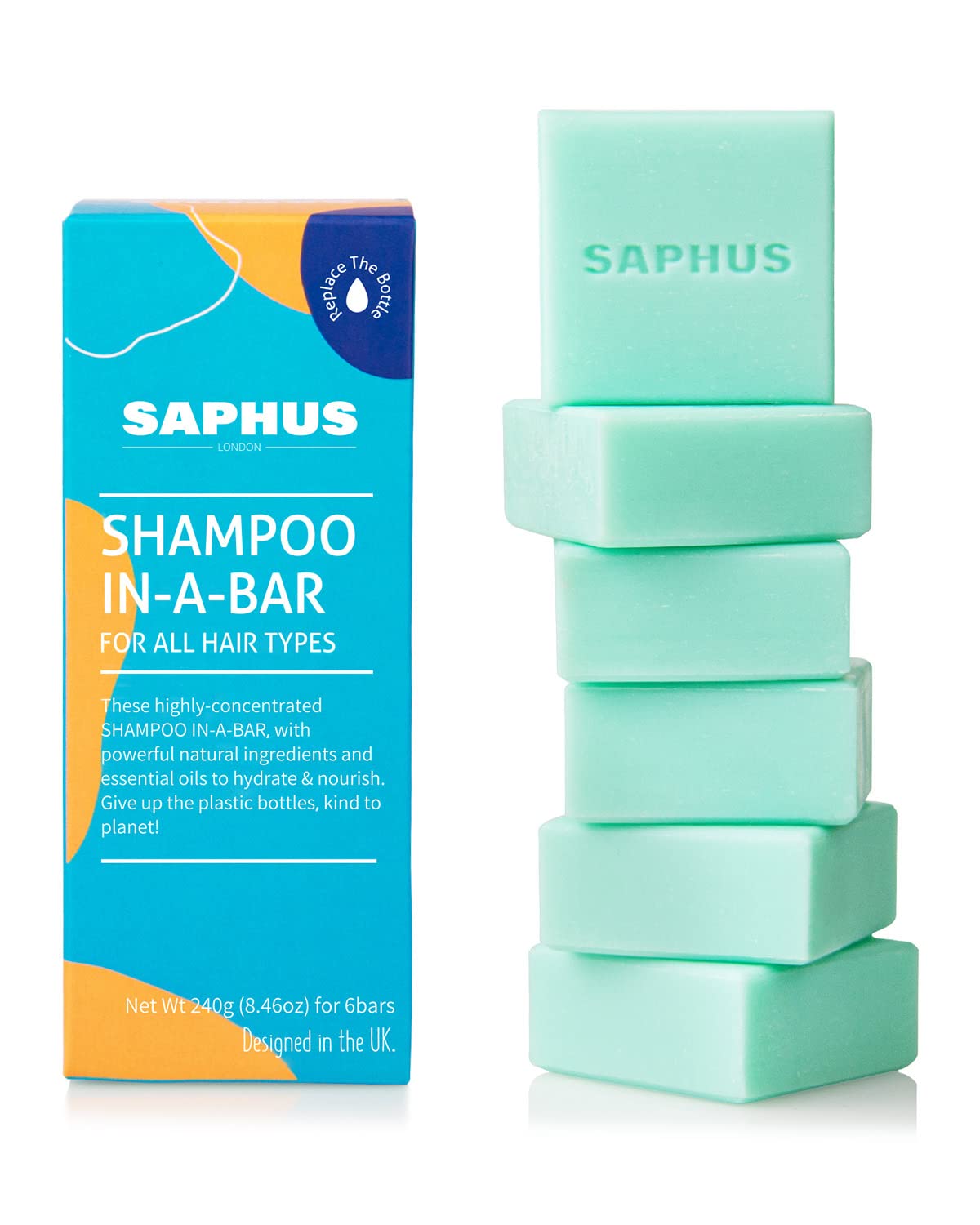 SAPHUS 6pcs shampoo bars packaging shows eco-friendly travel-ready bundle.