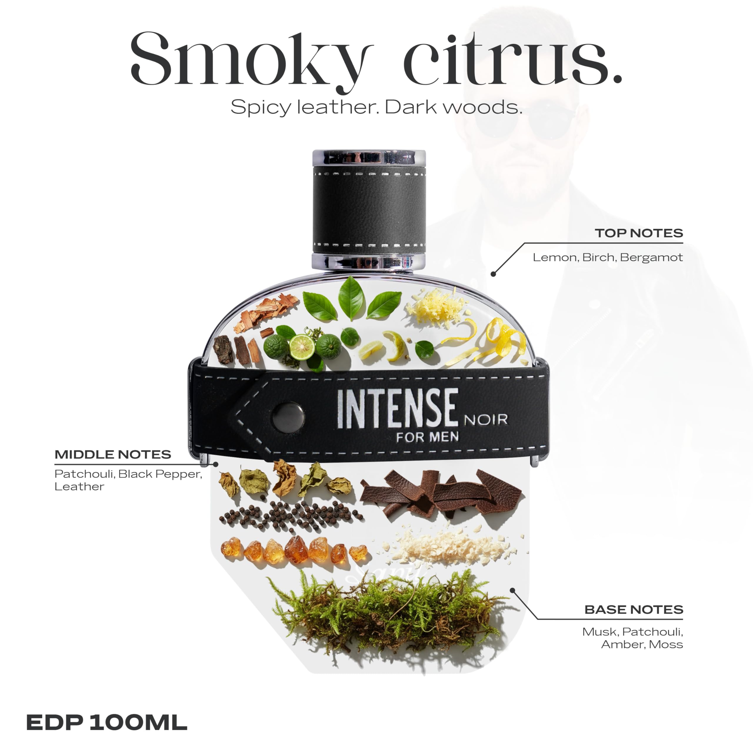 Sapil Intense Noir bottle angled to highlight premium gift-ready design.