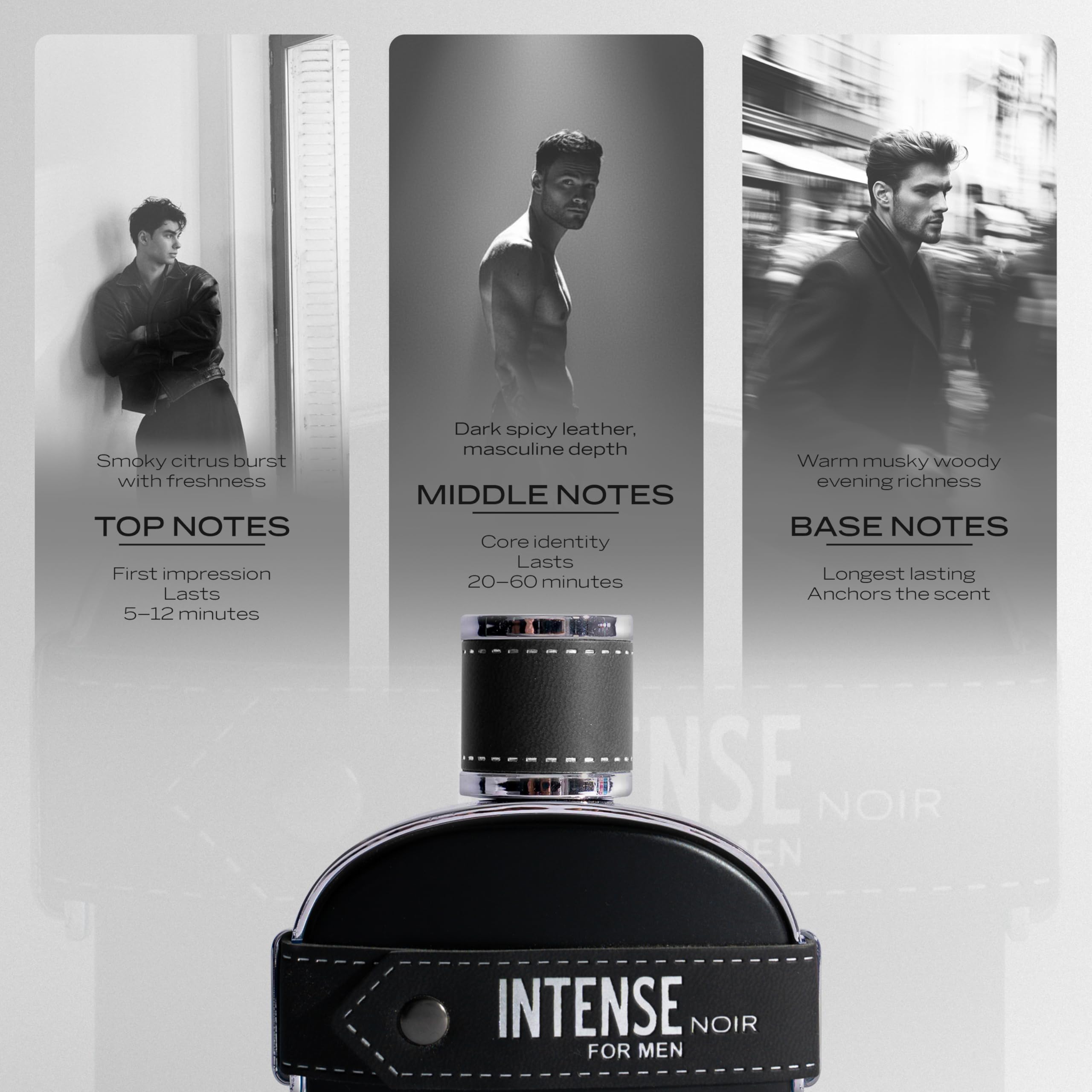 Mid notes of birch, pepper and leather create a bold, versatile aura.