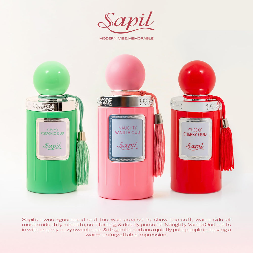 Gift-ready Sapil Naughty Vanilla Oud box signals a premium fragrance gift.