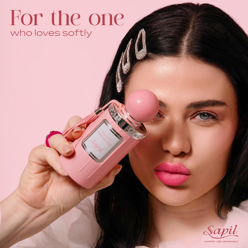 Vanity display photo shows Sapil Naughty Vanilla Oud for day or night wear.