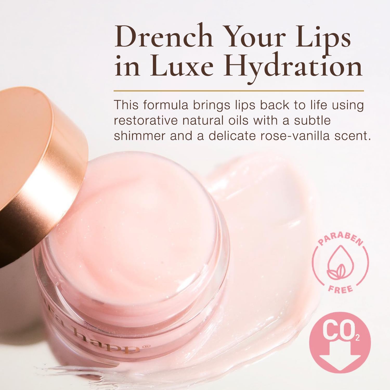 Sara Happ Lip Slip Luxe Balm application shows silky shine while nourishing lips.