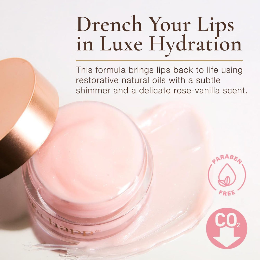 Sara Happ Lip Slip Luxe Balm application shows silky shine while nourishing lips.