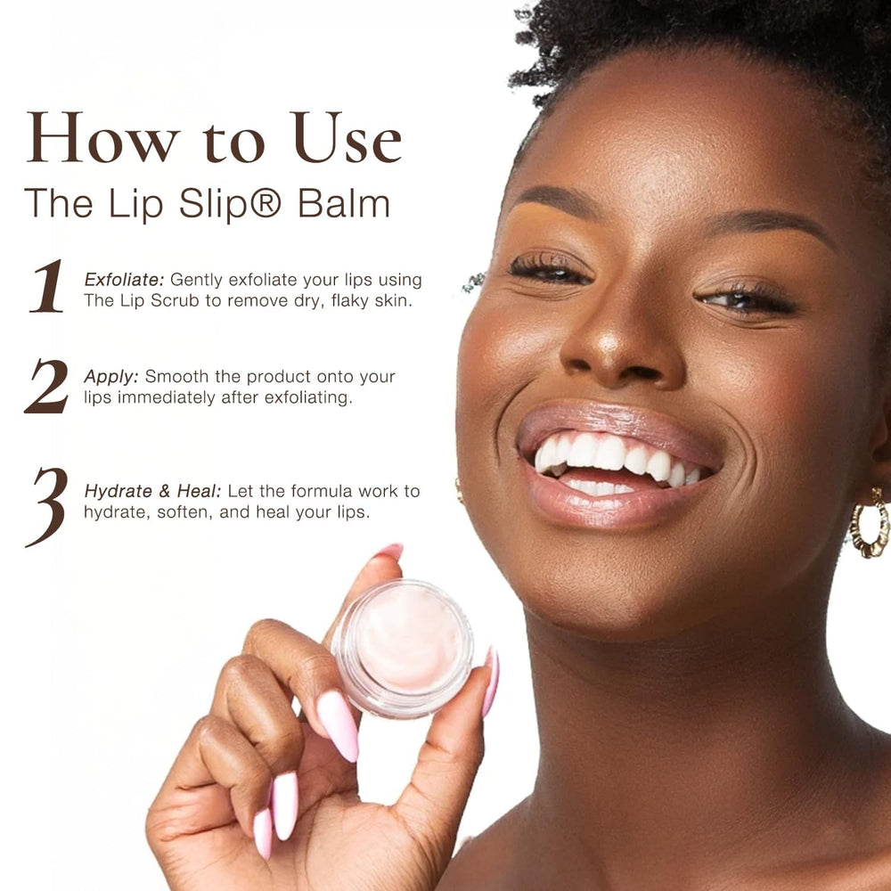 Sara Happ Lip Slip Luxe Balm on lips demonstrating long-lasting shine and hydration.